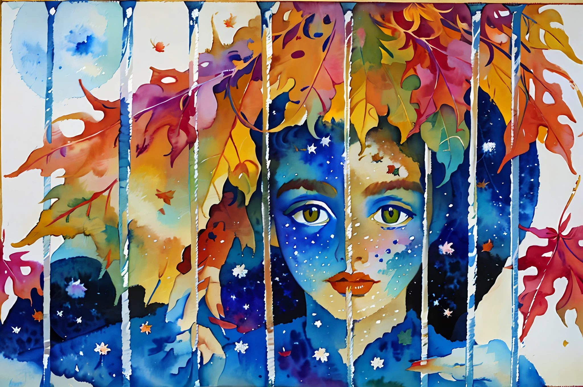 painting of a beautiful woman with a autumn leaves like hair behind bars, her body painted like galaxy with shooting stars and planets, hands grabbing bars, one eye is a crescent moon,, colorful drawing, fantasy water color, inspired by Grytė Pintukaitė, aquarelle painting, by Shekhar Gurera, water color on paper, inspired by Diane Dillon, water color painting, inspired by Dorothea Tanning, inspired by Jan Stanisławski, a watercolor painting. anatomically correct, correct hands, pout, high quality, accurate