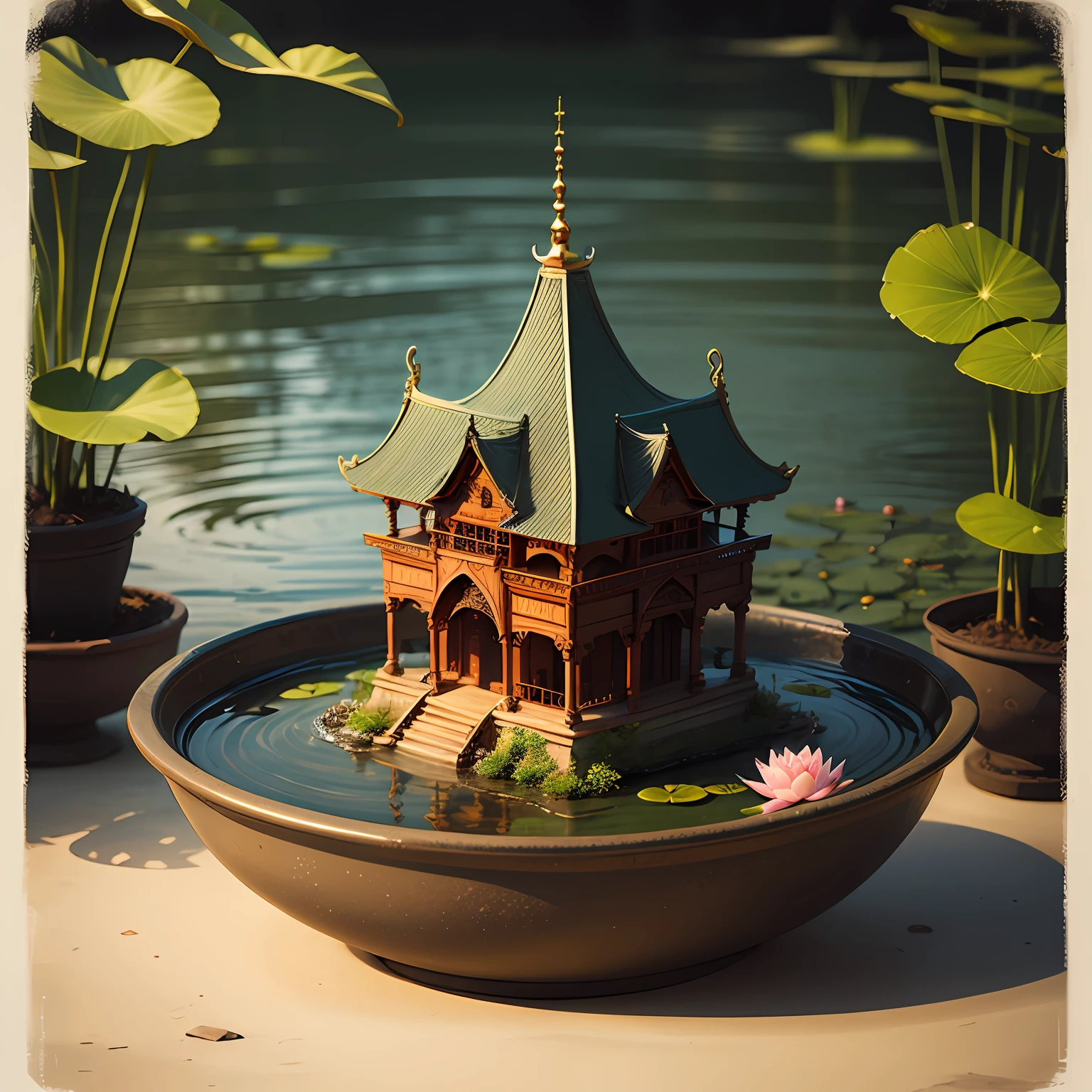 (((Temple in a bowl,Majestic,))),(Best picture quality),(horryfing,thriller),tmasterpiece,Pond in a bowl,Lotus flowers in a bowl,Mountain in a bowl,film effect,There are dolls,(Have food)