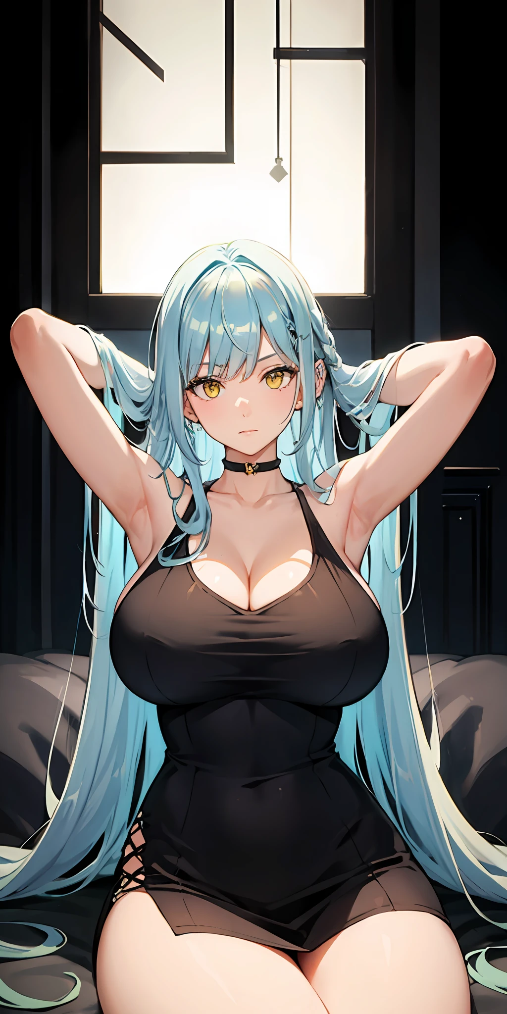 Light blue hair, long hair, yellow eyes, massive boobs, collarbone, bare shoulder, tight dress, sitting, arms up, armpits