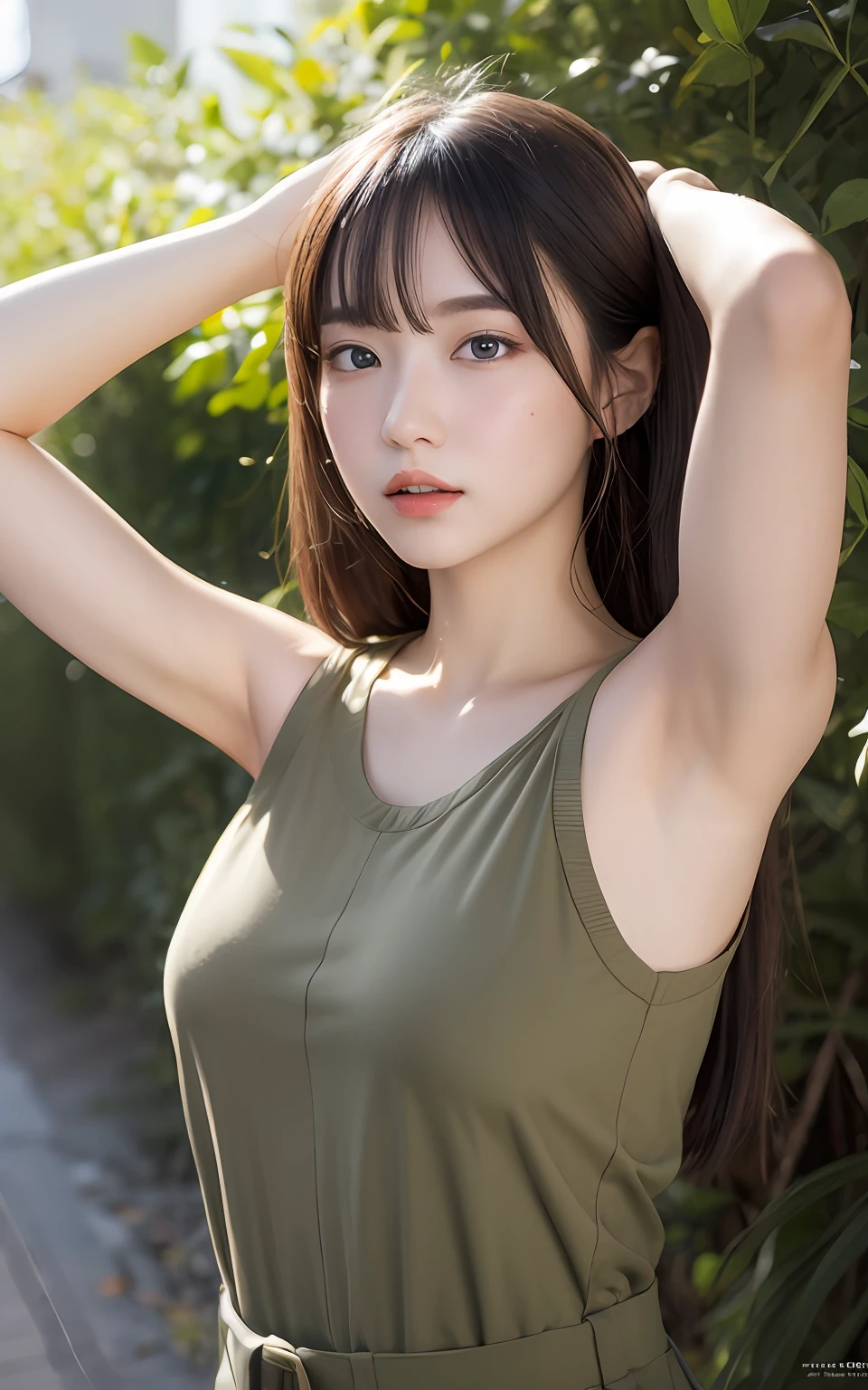 Highly detailed CG Unity 8k wallpaper, of the highest quality, super detailed, masutepiece, Realistic, photographrealistic, extremely detailed cute girl, 25 years old, Round eyes, viewer, blush, Parted lips, Upper body , (Armpit) , uninhabited island , (survival) , (Military uniform)
