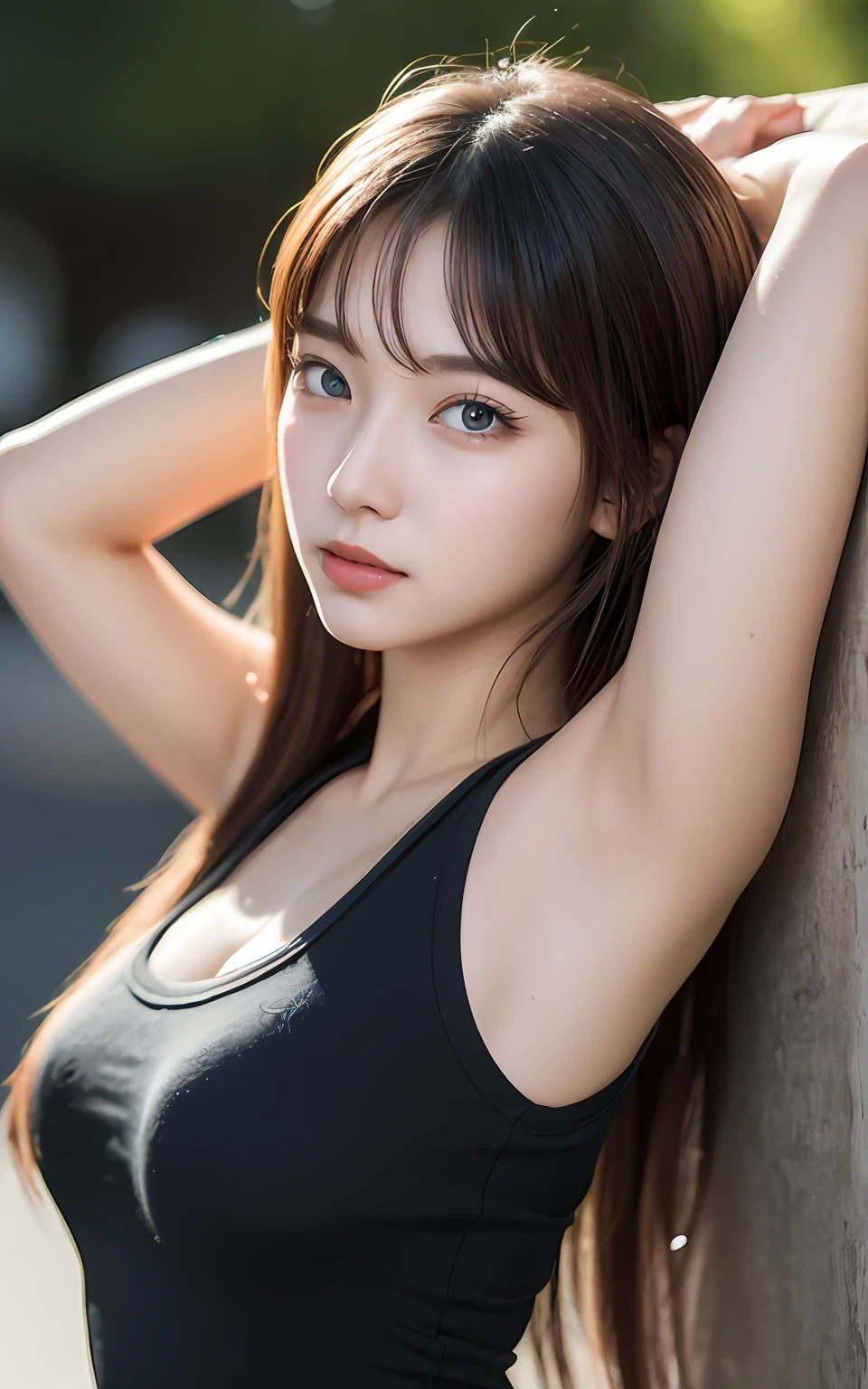 Highly detailed CG Unity 8k wallpaper, of the highest quality, super detailed, masutepiece, Realistic, photographrealistic, extremely detailed cute girl, 25 years old, Round eyes, viewer,  blush, Parted lips, Upper body , (Armpit) , uninhabited island , (survival) , (Military uniform)