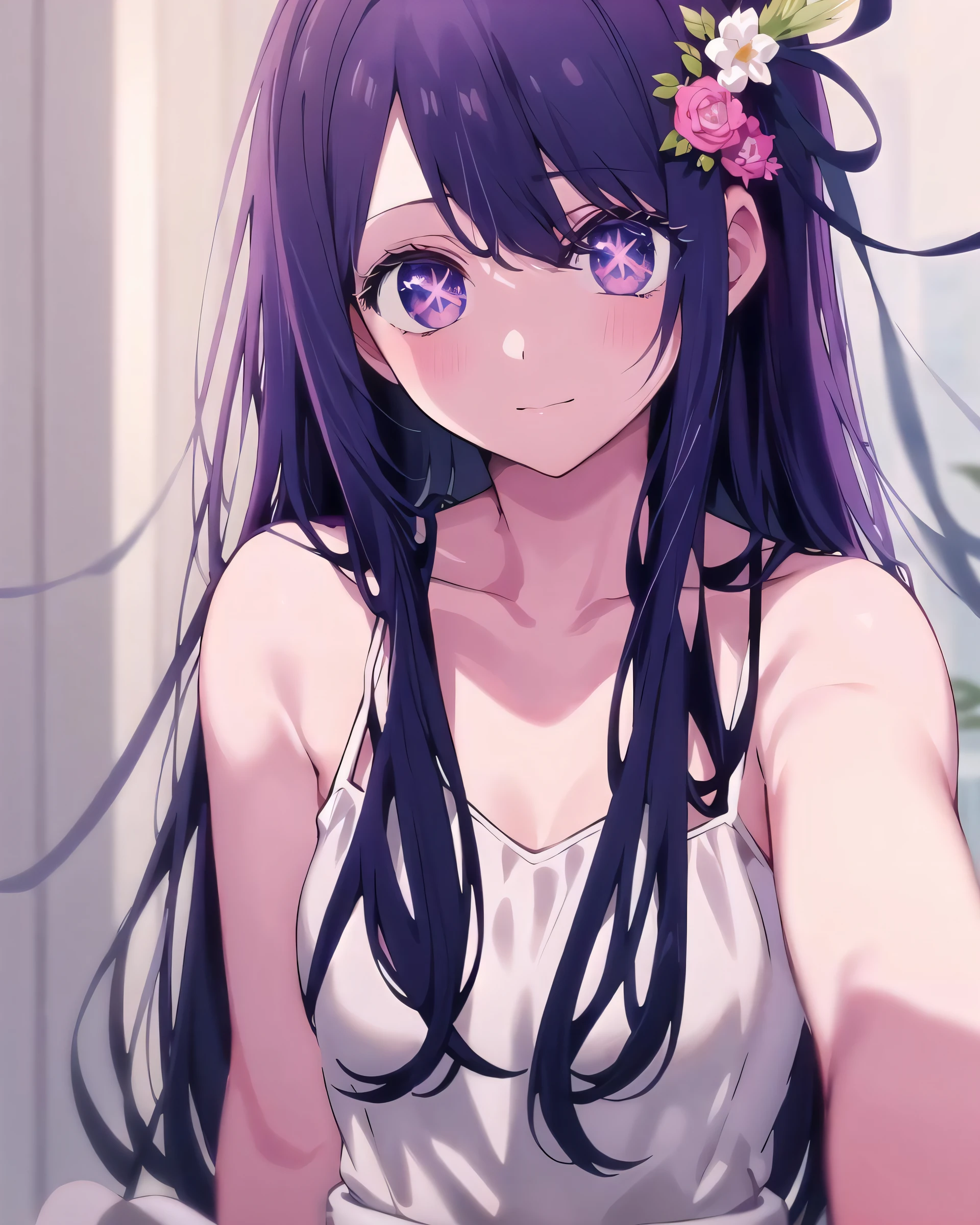((masterpiece,best quality)),1girl,solo, hoshino ai,
ultra detailed eyes, upper body, white dress, bare shoulders,