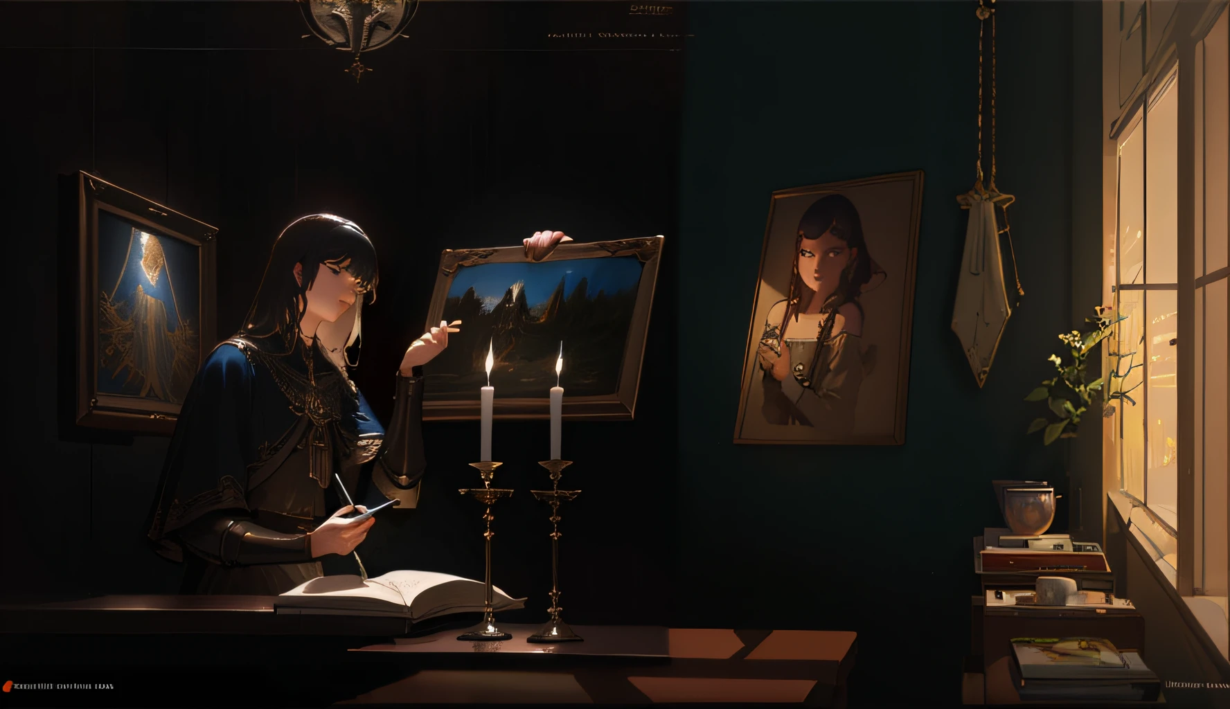 Mulher em um quarto escuro com uma vela e uma pintura, Neoartcore e Charlie Bowater, Guilherme H. Pongiluppi, Charlie Bowater e Artgeem, Charlie Bowater Cores Profundas Ricas, arte do personagem charlie bowater, arte do artbook, Charlie Bowater e Artgerm, Artgerm e Atey Ghailan