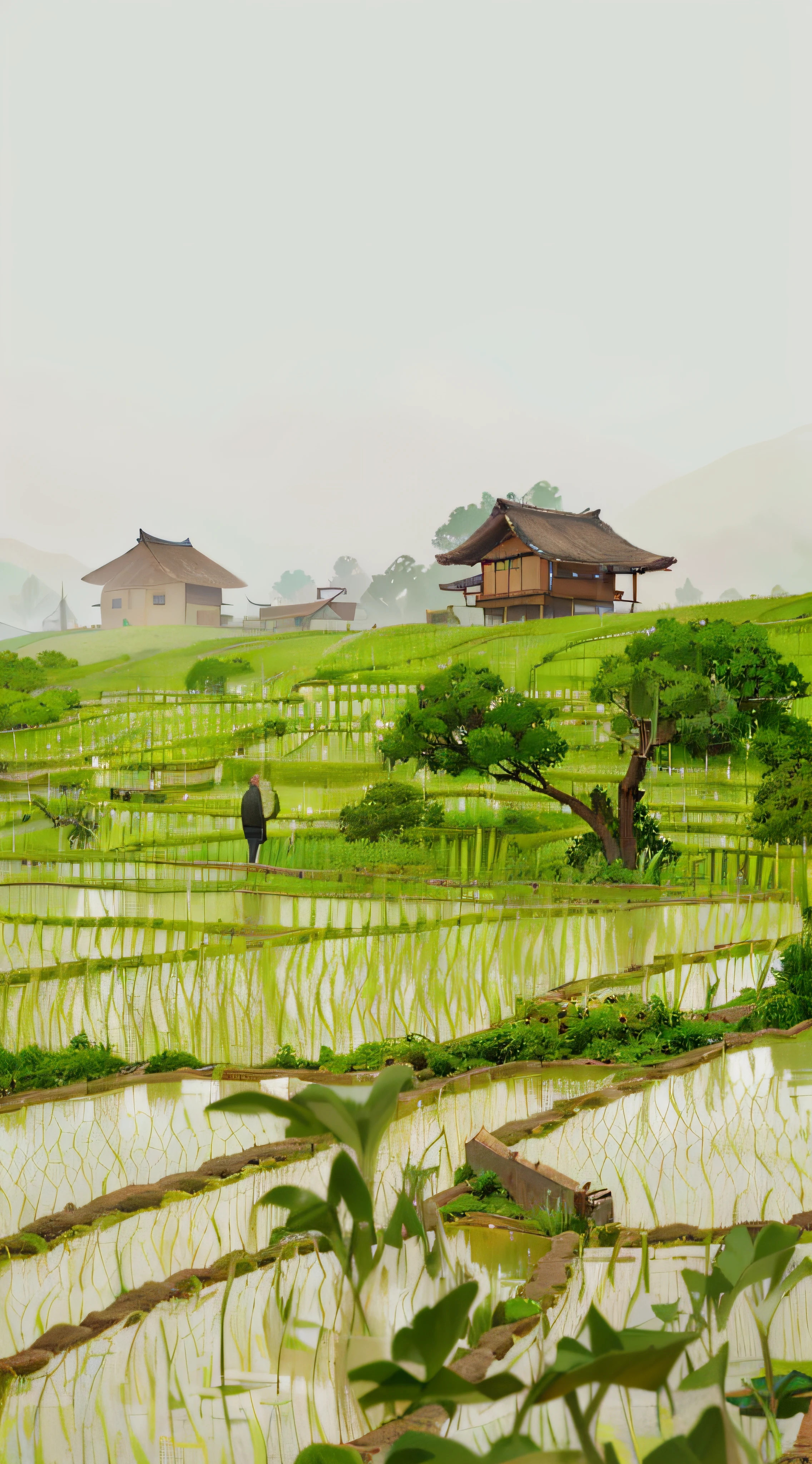 There was a man walking through a rice field,In the background is a cottage,There are rice paddies,Rice fields,There are neat rice seedlings in the field,Foggy rain,villages,lavoura,in a serene landscape,Foggy weather,In the midst of vast tranquil landscapes,In the early evening,In the sunset,Behind a small village,thin fog,countryside in japan,Thatched roof, ultra high resolution, ultra HD picture quality --v 6