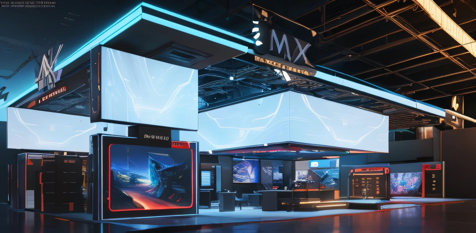 Booth renderings with large display, Simplified,distinct,Clear,Photogenic,Realistic,virtual set, exhibition hall lighting, expert design, large commercial led screens, A digital rendering, large led screens,Complex spaces,The white,Huge space for Ymax rendering,, A digital rendering, Future technology showcase, extreme render, 3ds Max, 3 ds max, finalrender,Detailed reflective painting by senior environmental artist,Inspired by 3D renderings by Syd Mead, number art, A futuristic, sci-fy, scifi room, Futuristic Indoor, Sci-fi Engine Booth, Futuristic setting, Octane rendering sci-fi, Cyberpunk showroom, surreal sci fi set design,shutter,afofuturism,Futuristic showroom