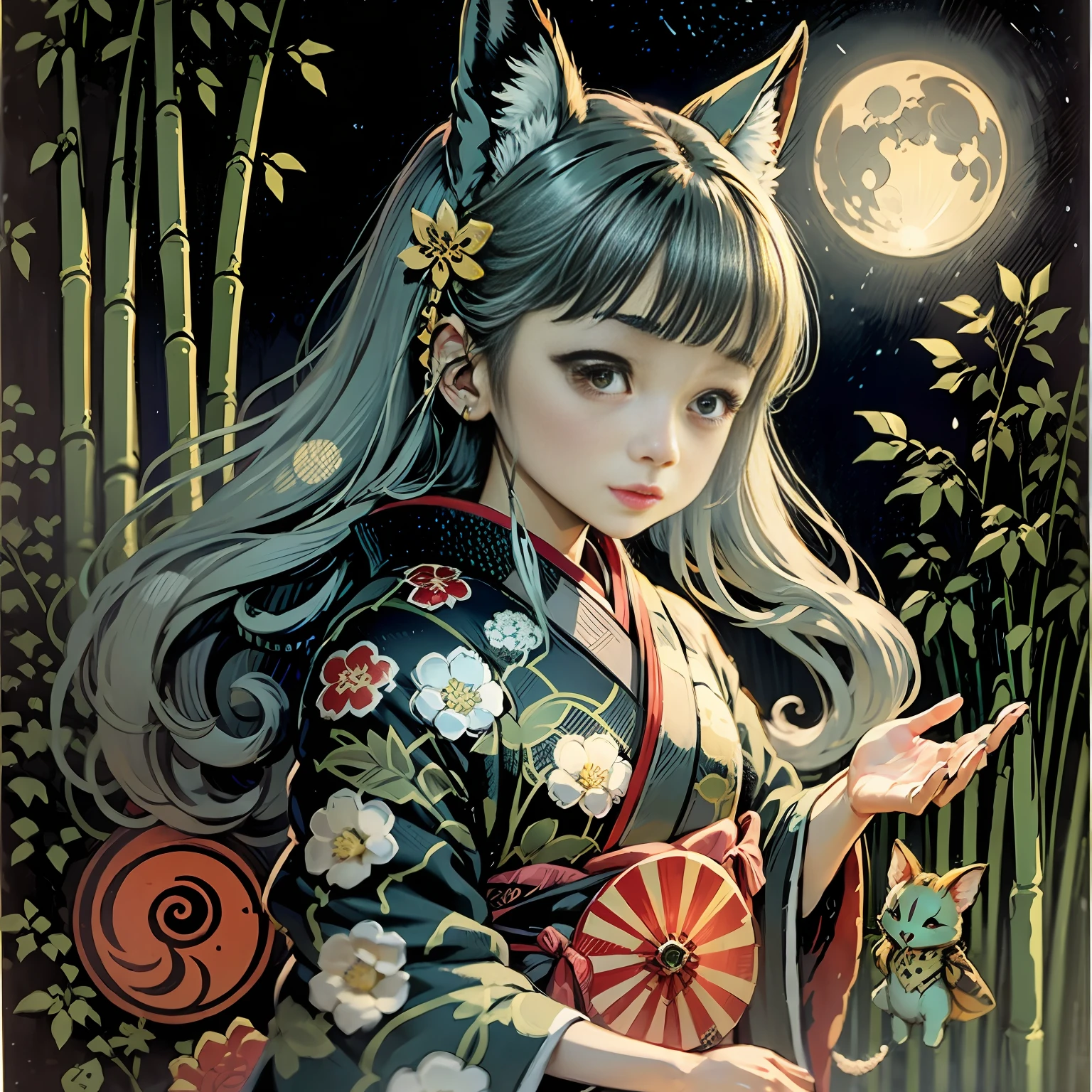 Princess Kaguya、Red kimono、Bamboo serval、quaint、Moon Night、siluette、The outline glows suspiciously