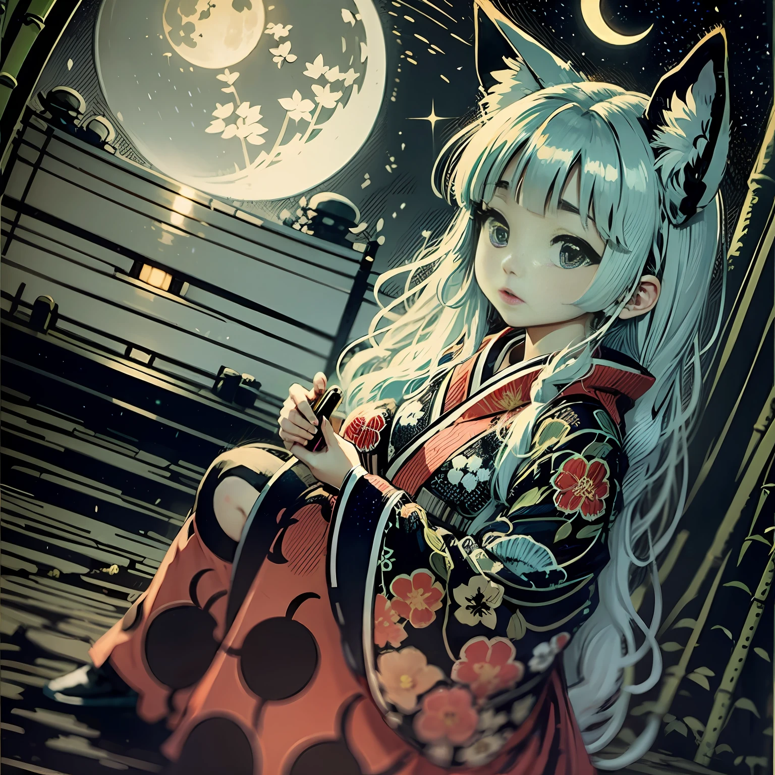 Princess Kaguya、Red kimono、Bamboo serval、quaint、Moon Night、siluette、The outline glows suspiciously