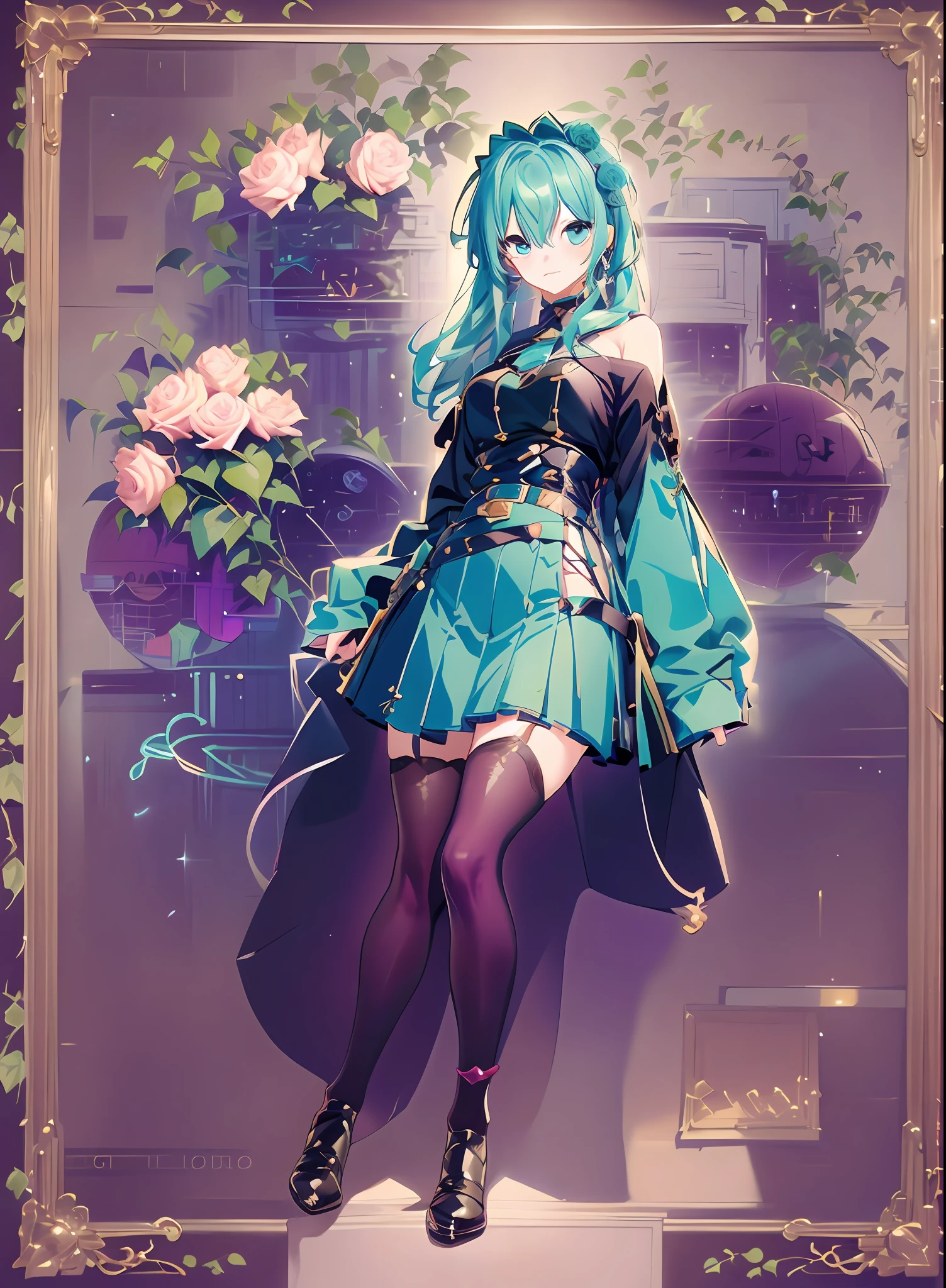 Andromeda_Kongacha, ((Konmutsuki_gacha_series1, punk_rosette))), cute girl, aqua color flowers, (full body), elegant flowers background