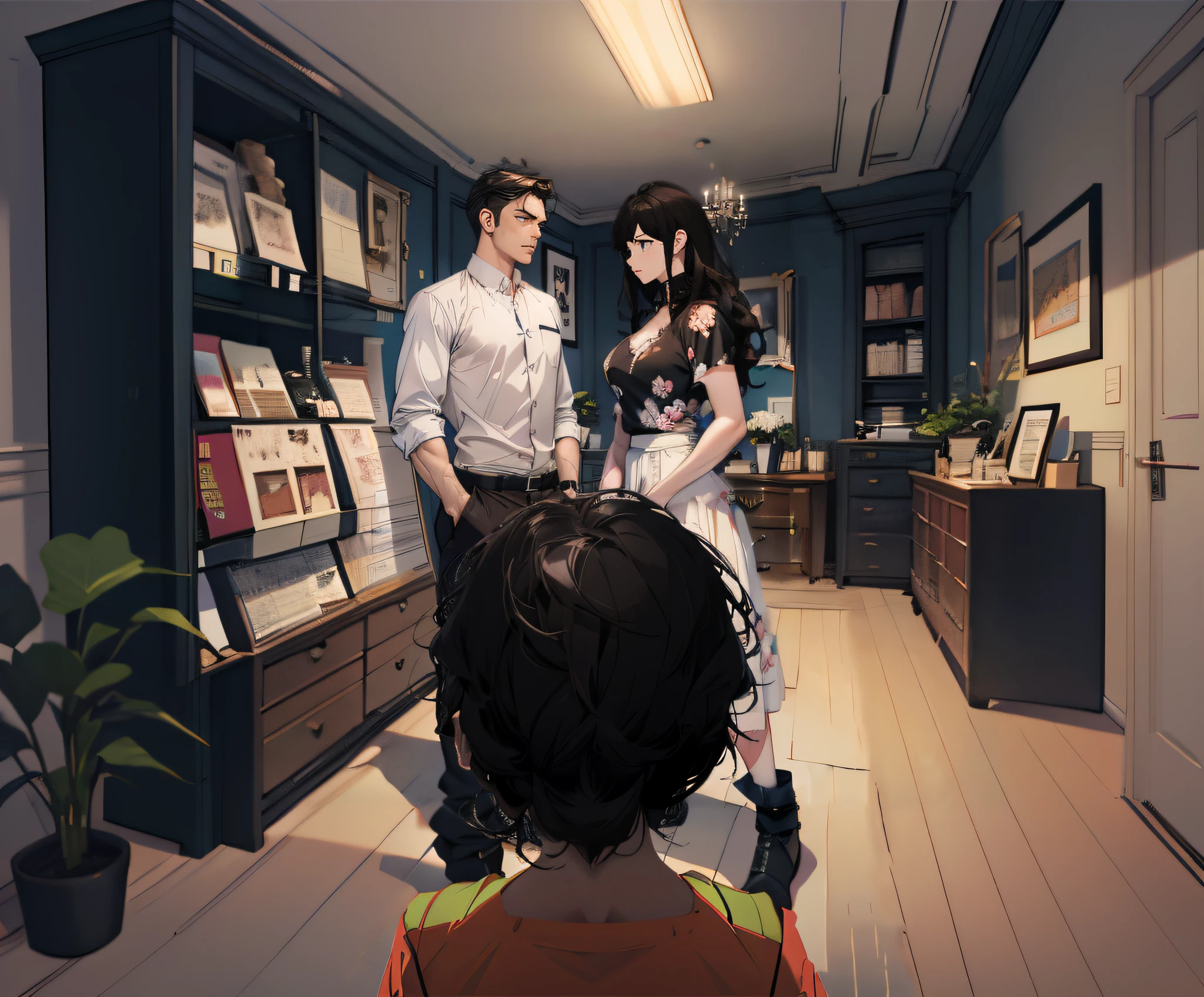 anime scene of a man and woman in a room with a desk, Guviz-style artwork, visual novel cg, painted in anime painter studio, Official illustration, kawacy, video game screenshot>, ; visual novel, digital anime illustration, jc leyendecker and sachin teng, cinematics, guweiz masterpiece, highly detailed exquisite fanart