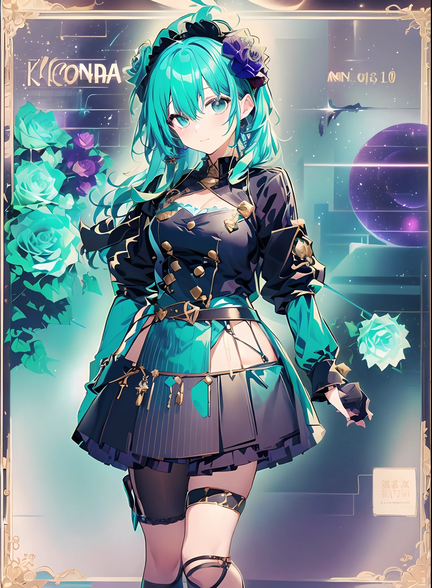 Andromeda_Kongacha, ((Konmutsuki_gacha_series1, punk_rosette))), cute girl, aqua color flowers, (full body), elegant flowers background