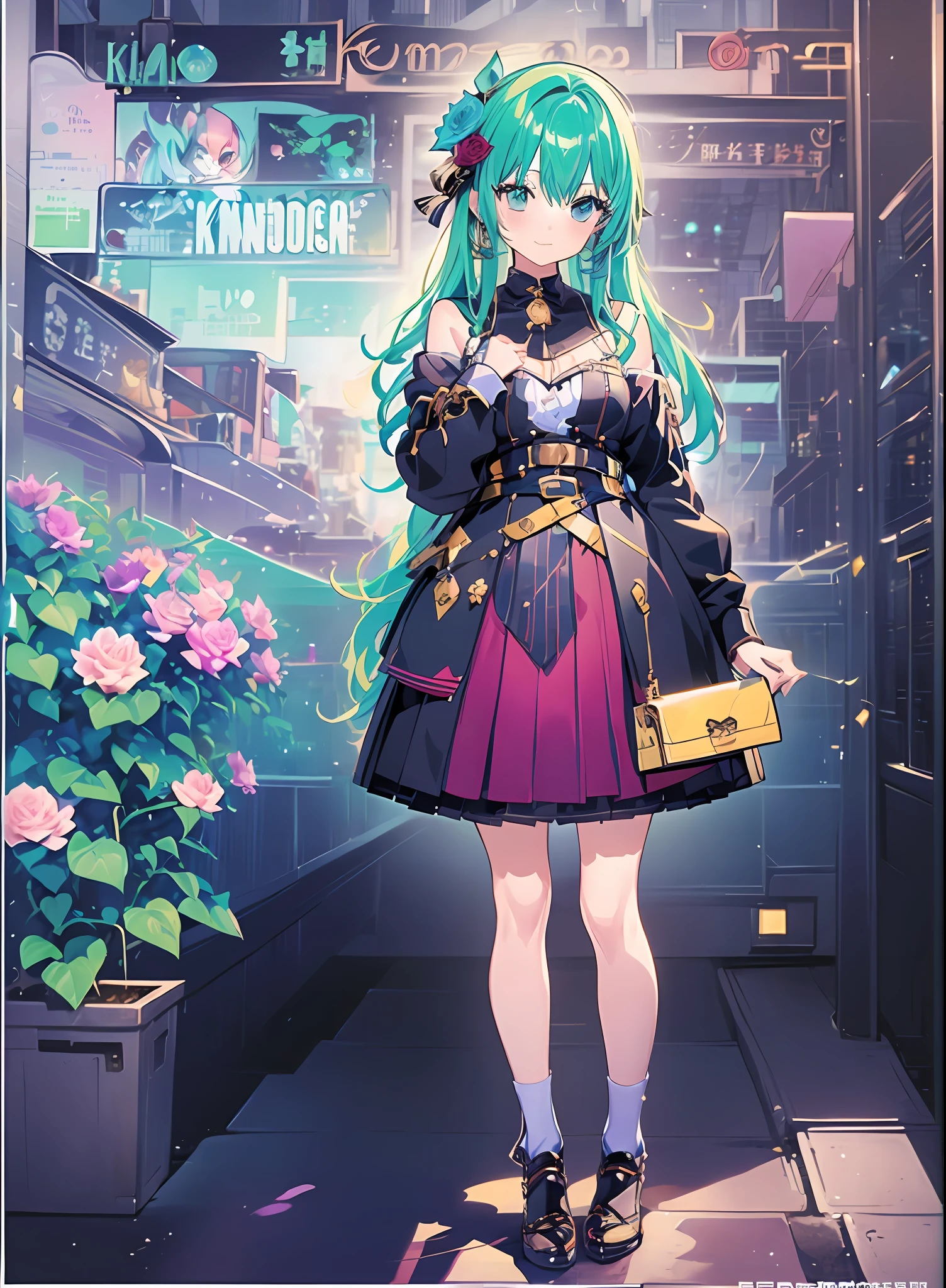 Andromeda_Kongacha, ((Konmutsuki_gacha_series1, punk_rosette))), cute girl, aqua color flowers, (full body), elegant flowers background