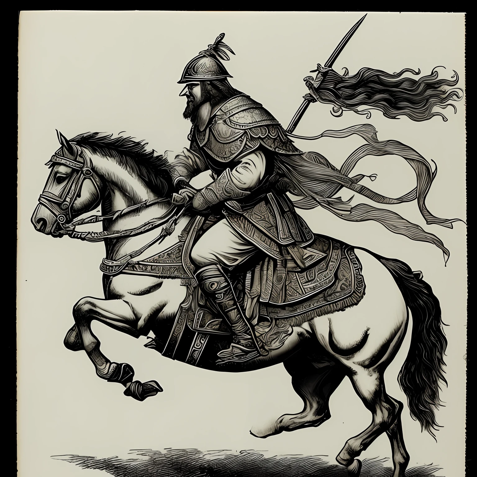 An ancient warrior,Sword in hand,Riding a white horse,ink wash style,Pay attention to detail --auto