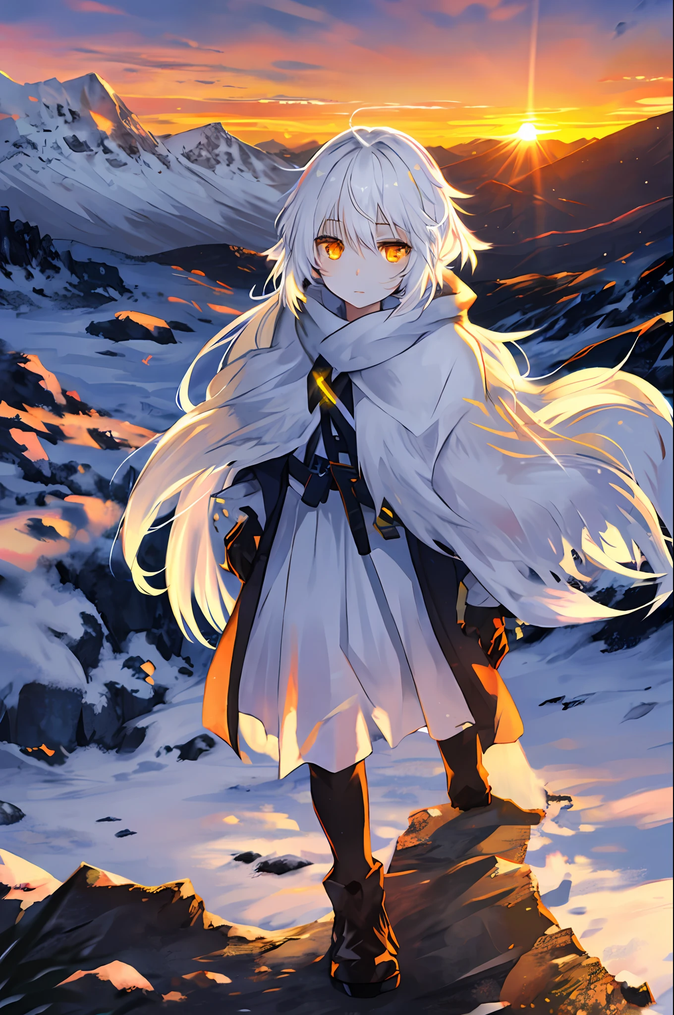 1girl, yellow eyes, white hair, messy hair, snowy mountains, sunrise on the horizon