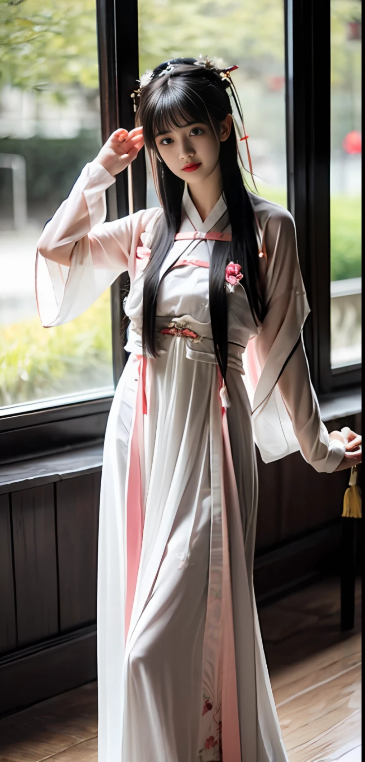 a painting of a woman with flowers in her hair, Chinese Hanfu(Dressed in a long white mop dress,The wide hem is embroidered with a pink pattern,Wear a rose bodice with thin cicada wings,The waist is tied with green and green sprinkled soft tobacco skirt,Covered with a white plum cicada wing yarn that mops the floor)Beauthful,Real hands,cabelos preto e longos, 8K,Extremely quality
