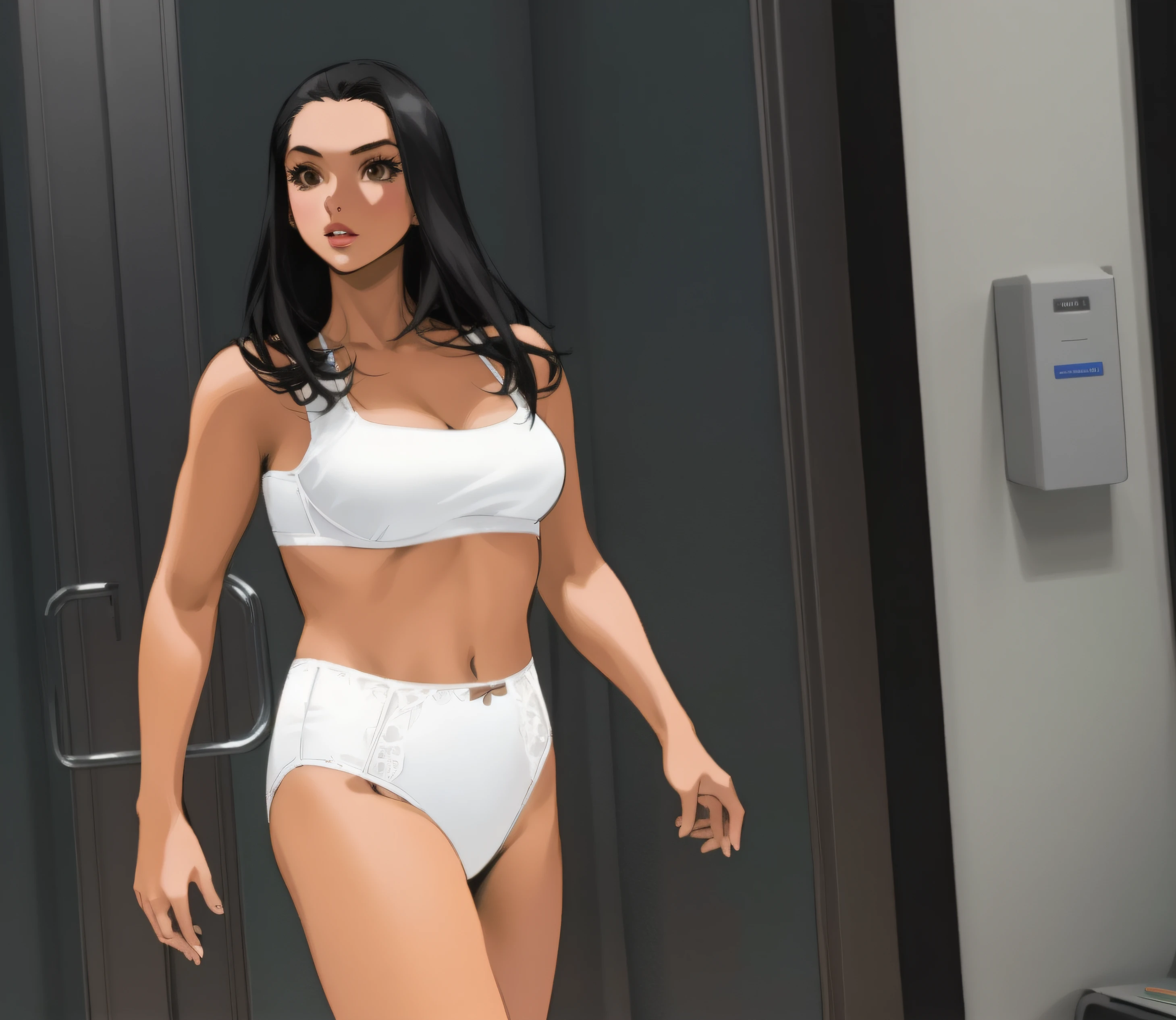 Fit Caucasian woman, in white bra, white high cut panties, doctor's office, comic book art style, intricate details