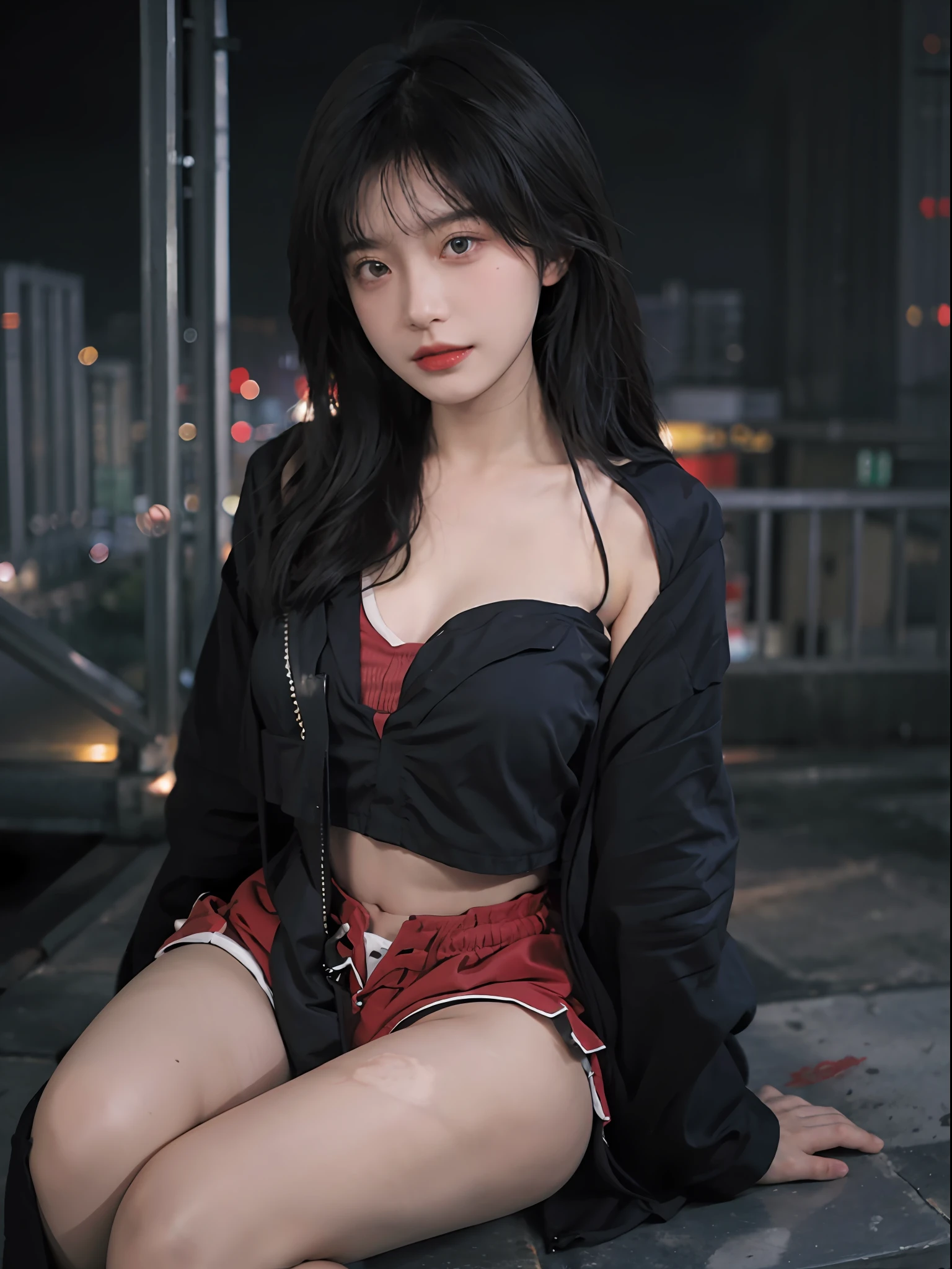 best quailty,tmasterpiece,Super-High Resolution,(true to life:1.4),1girl huge large breasts,oral sexy,(Open black coat),(Red bandeau top:1.5),Red bandeau top,(Black shorts),(Night atmosphere:1.5), Glowing skin,detailed eye, 双眼皮,length hair,fair white skin,Sitting charmingly on a tall building, Long thin legs