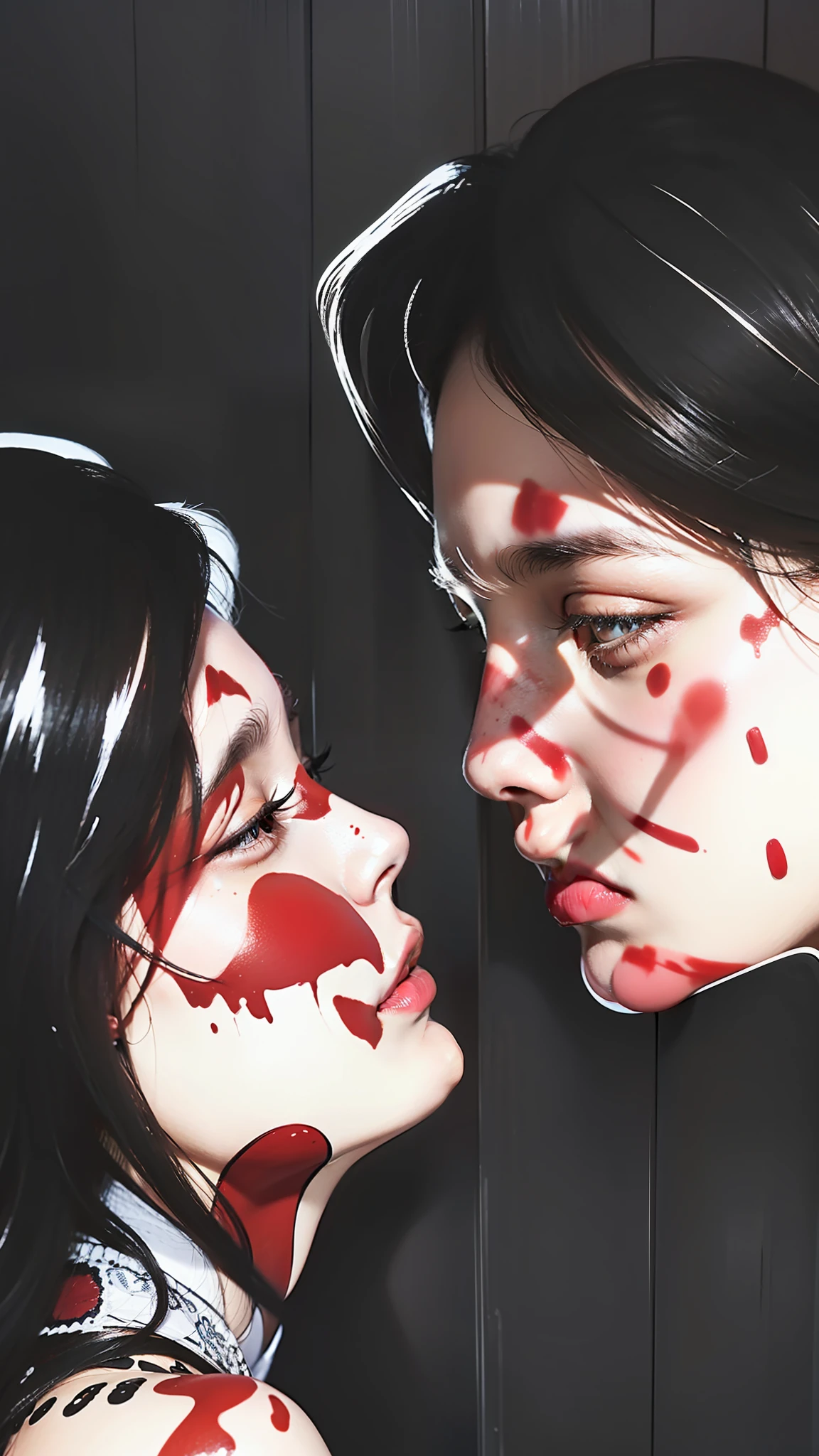 Best quality, masterpiece, ultra high res, (photorealistic:1.4), raw photo, 1girl, 1man, girl close eyes, man opened eyes and looking at girl, bloody face, white dress, off shoulder, glowing skin, perfect simetris eyes