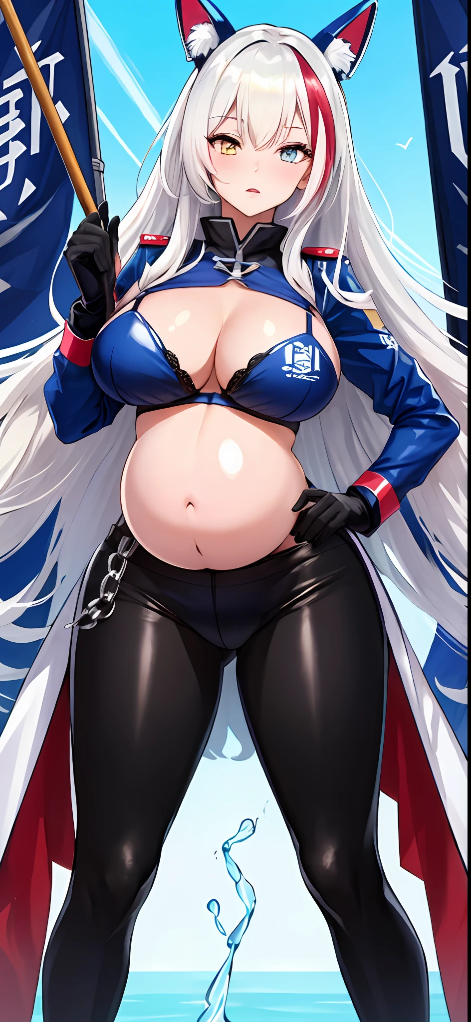 tmasterpiece, very best quality, PrinzV4, 1girl huge large breasts, 独奏, length hair, breastsout, looking looking at viewer, large tities,Large breasts, mitts, Belly button, Hold, White liquid, Yellow eyes, White hair, red hair, O cabelo multicolorido, Open your clothes, Black gloves, Open bra, Official alternative costumes, Striped hair, hand on hips, underboobs, head gear, Banner, White panties, Queen of the game, Hold the flag,pregnant women with,shot on the body,cum on the stomach,The white liquid is drizzled all over the body