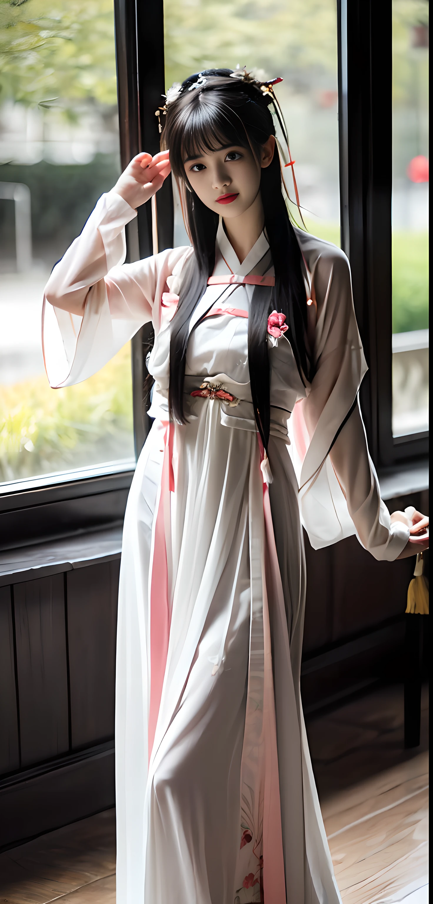 a painting of a woman with flowers in her hair, Chinese Hanfu（Dressed in a long white mop dress，The wide hem is embroidered with a pink pattern，Wear a rose bodice with thin cicada wings，The waist is tied with green and green sprinkled soft tobacco skirt，Covered with a white plum cicada wing yarn that mops the floor）Beauthful,Real hands，cabelos preto e longos, 8K，Extremely quality