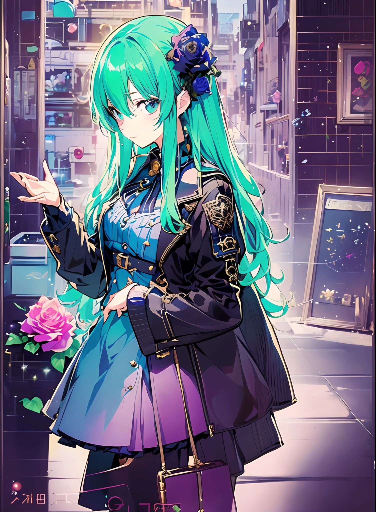 Andromeda_Kongacha, ((Konmutsuki_gacha_series1, punk_rosette))), cute girl, aqua color flowers, (full body), elegant flowers background