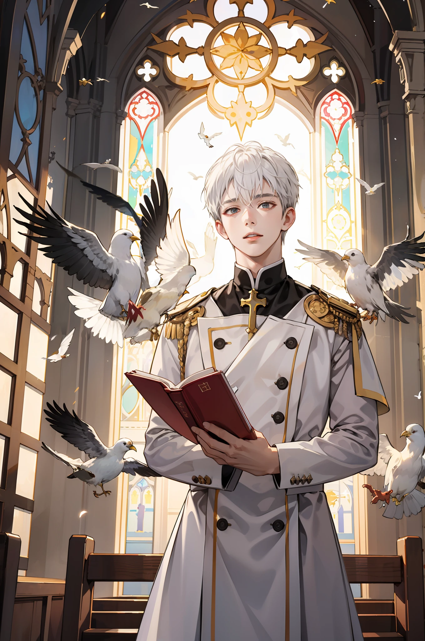 White-skinned boy，Wear Christian clothing，Long off-white hair braided，In front of the church，Flying birds，Golden bell，sun beam，choir