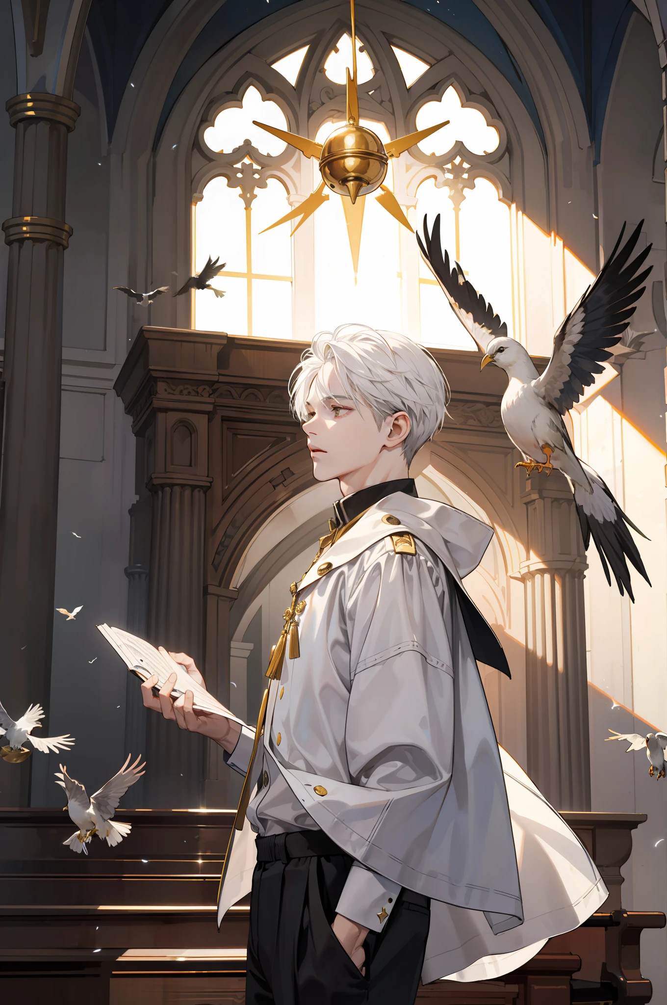 White-skinned boy,Wear Christian clothing,Long off-white hair braided,In front of the church,Flying birds,Golden bell,sun beam,choir