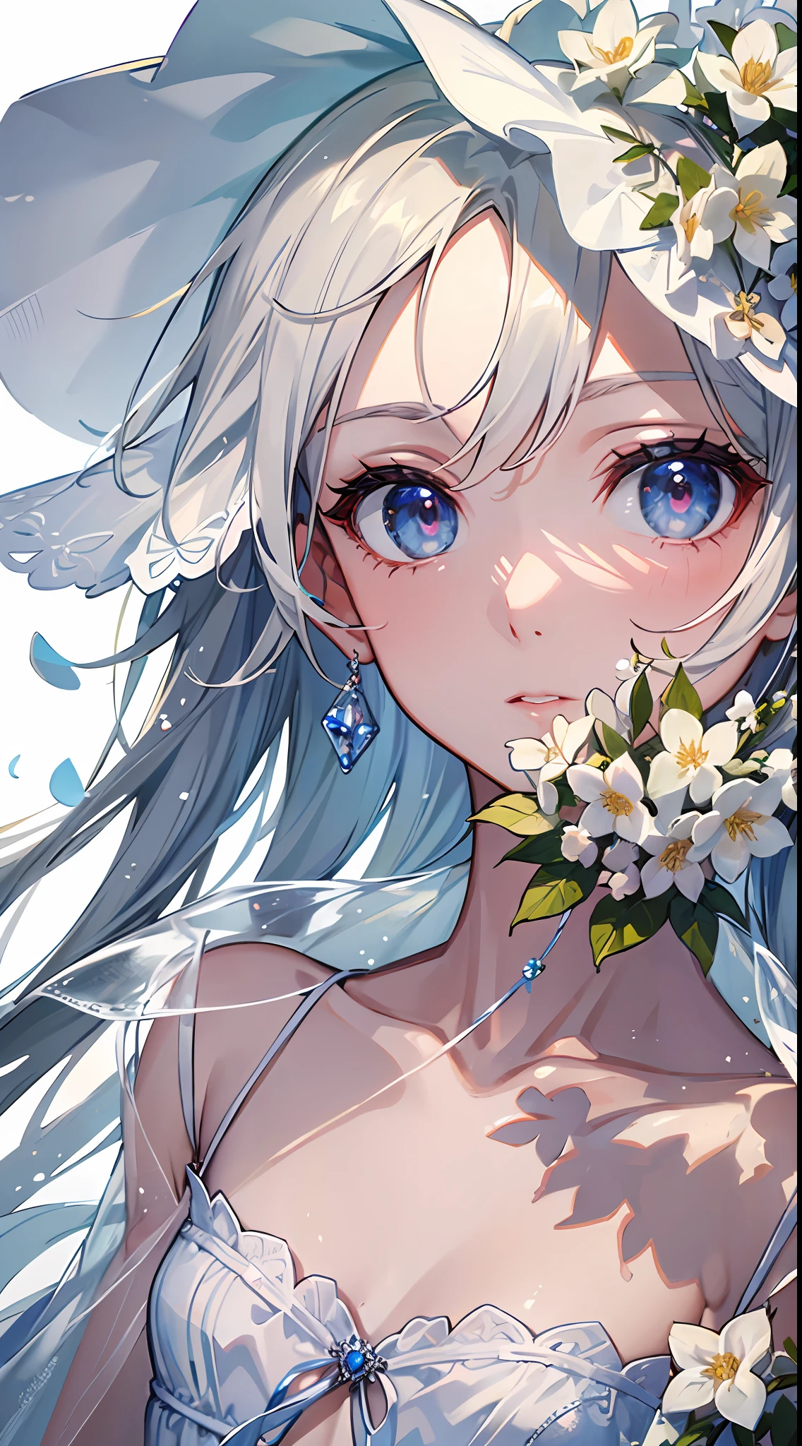 (masterpiece, best quality:1.6), white lace dress, cowboy shot, thighs, beautiful girl, (flowers, many small white petals:1.3), garden, blue sky, looking at viewer, small waist, official art, raw photo, incredibly absurdres, facelight, dynamic lighting, cinematic lighting, ultra realistic, highres, photography, sharp focus, highest detailed, extreme detailed, ultra detailed, finely detail, extremely detailed eyes and face