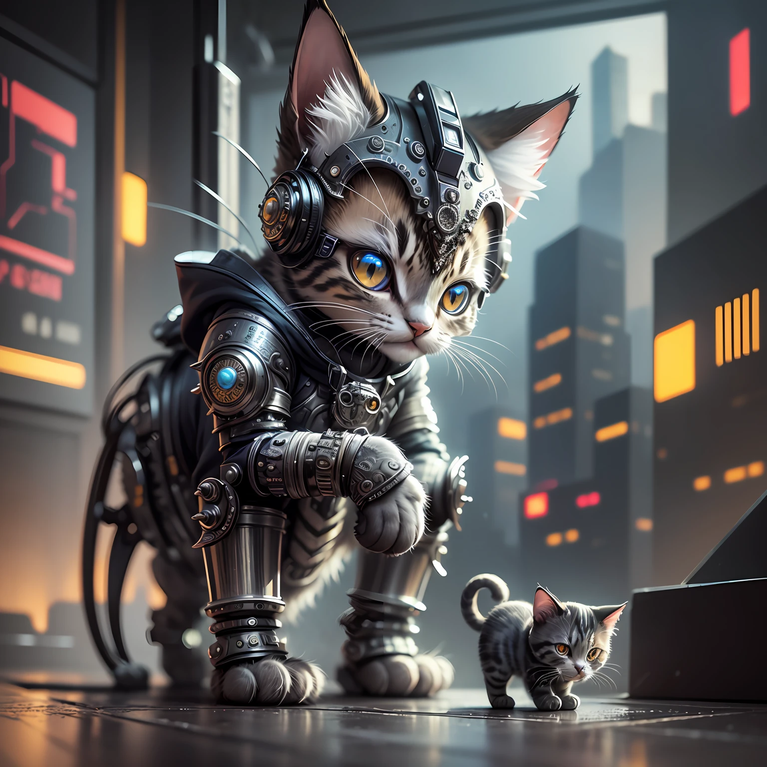 A cute kitten made of metal, robot, cyberpunk style, ((intricate details)), hdr, ((intricate details, super detailed)), cinematic footage, vignette --auto