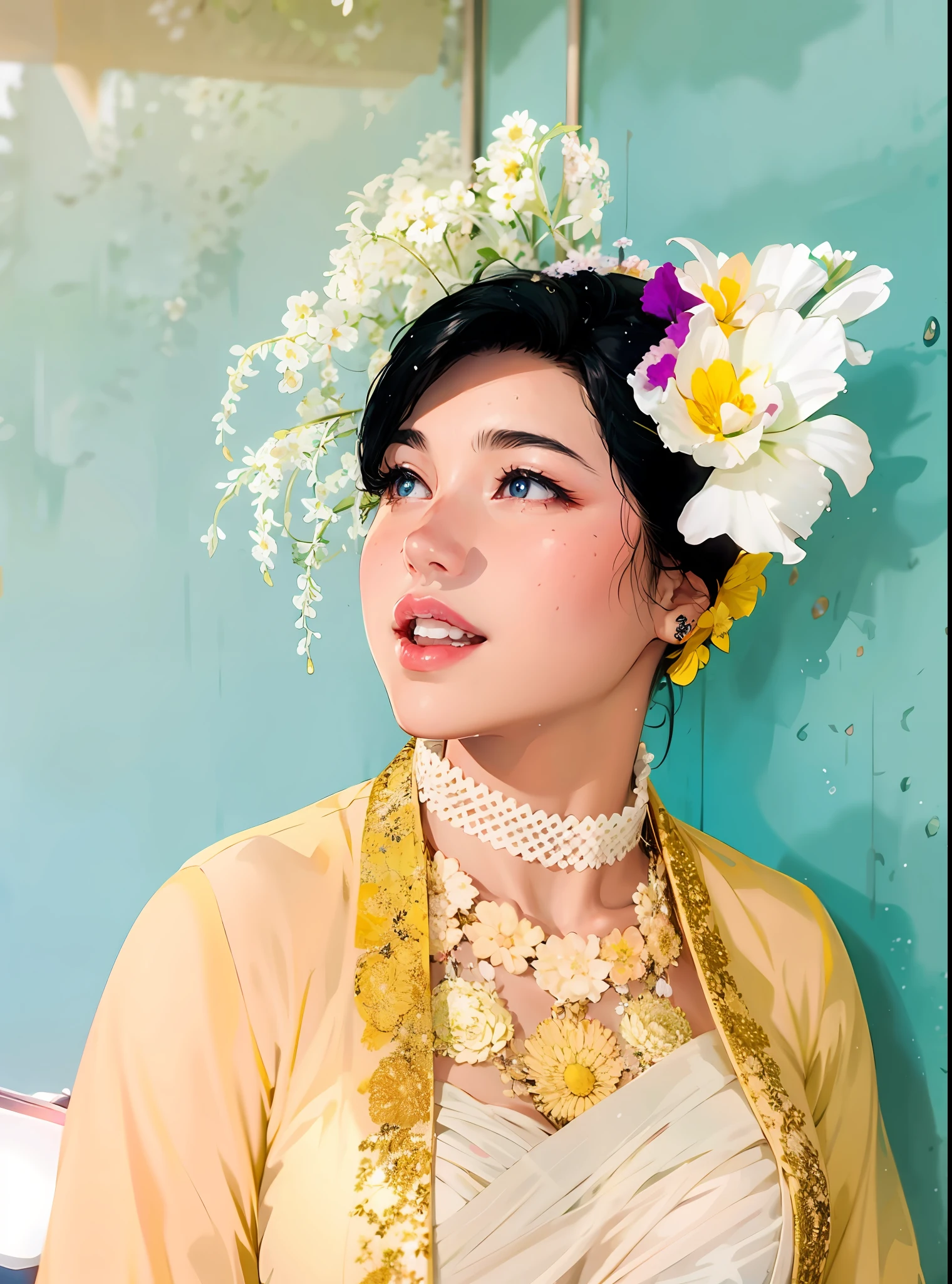 1girl, breasts, moon, lantern, night, solo, large breasts, hair ornament, wet, kimono, japanese clothes, wading, water, hair flower, flower, outdoors, sky, full moon, rain, black hair, off shoulder, mountain, cloud, holding, sash, bare shoulders, paper lantern, standing, white kimono, night sky, sideboob, obi, wet clothes, bangs, tree, from side, reflection, short hair, cloudy sky, wet hair (((masterpiece),(extremely detailed CG unity 8k wallpaper),best quality,,solo,1girl,cinematic lighting,detailed background,beautiful detailed eyes,bright pupils, (an extremely delicate and beautiful),(Beautiful and detailed eye description)， ultra-detailed,masterpiece,)),