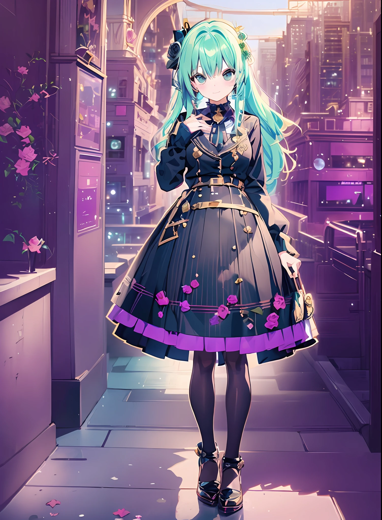 Andromeda_Kongacha, ((Konmutsuki_gacha_series1, punk_rosette))), cute girl, aqua color flowers, (full body), elegant flowers background