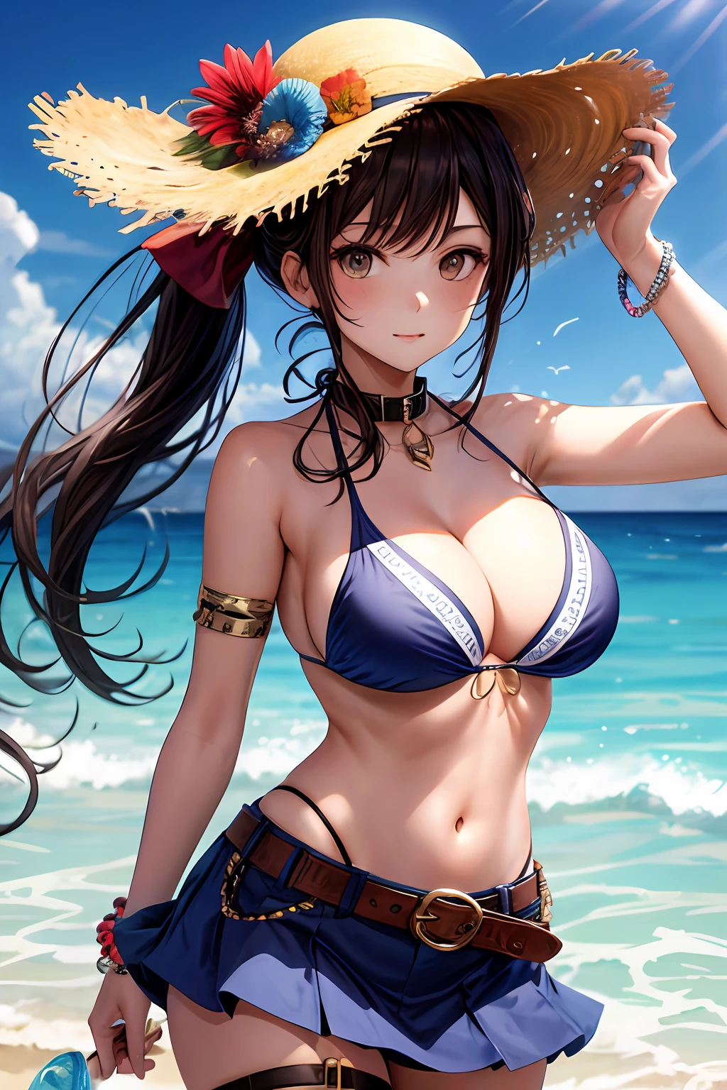 1 girl, ponytail, middle breast, bikini, open shirt, skirt, thigh strap, belt, beaded bracelet, collar, straw hat,  sea, cowboy shot, (summer attire: 0.7),