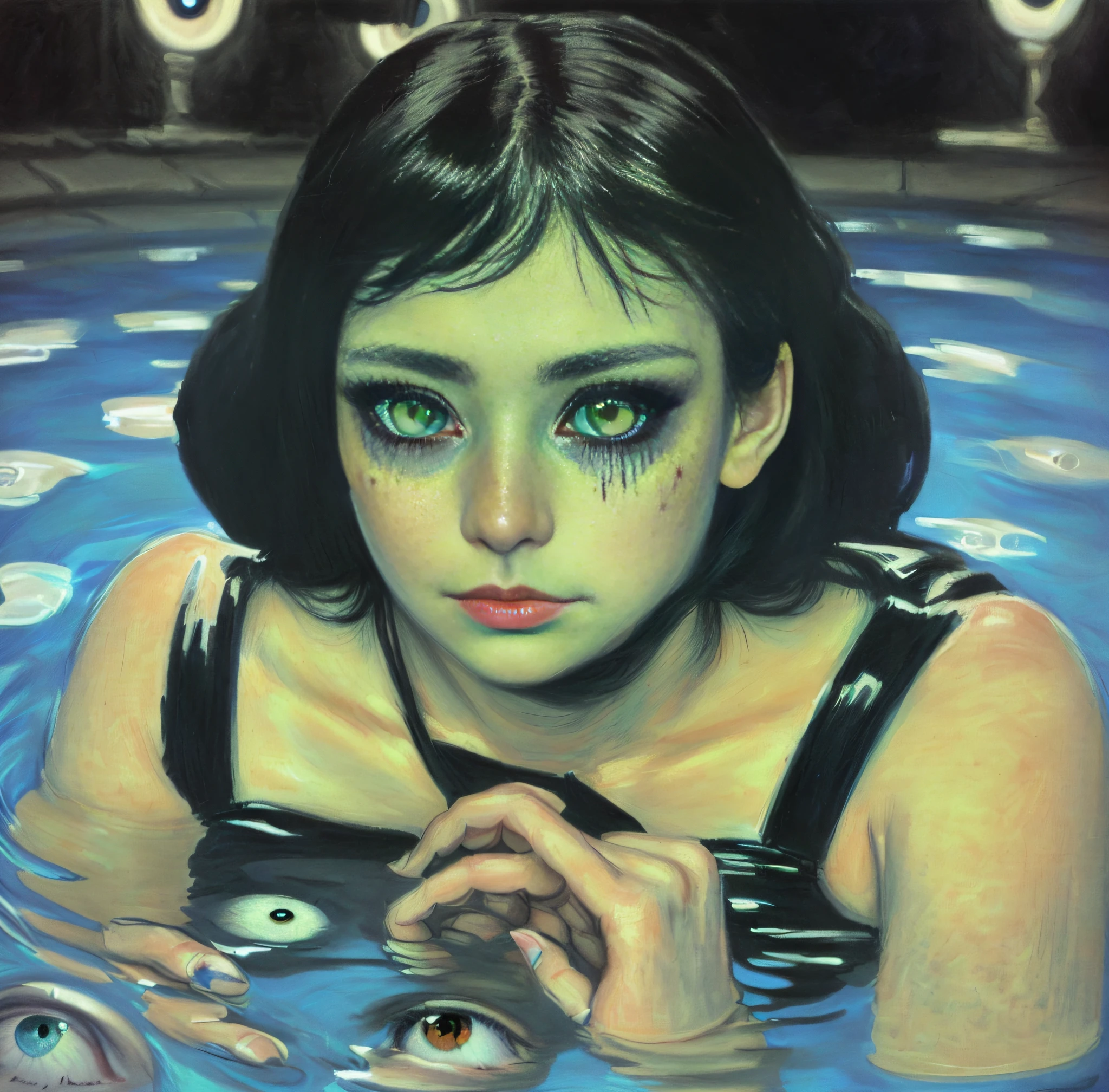 there is a woman laying in a pool of water with eyes, by Ayami Kojima, covered in human eyes, inspired by Laurie Lipton, numerous dimly glowing eyes, girl with white eyes, chie yoshii, inspired by Ryohei Hase, horror surreal art, hundreds of eyes, by Grete Stern, creepy!!, creepy surrealism, scary, crazy expression, corect face , correct eyes, correct hands, very detailed eyes