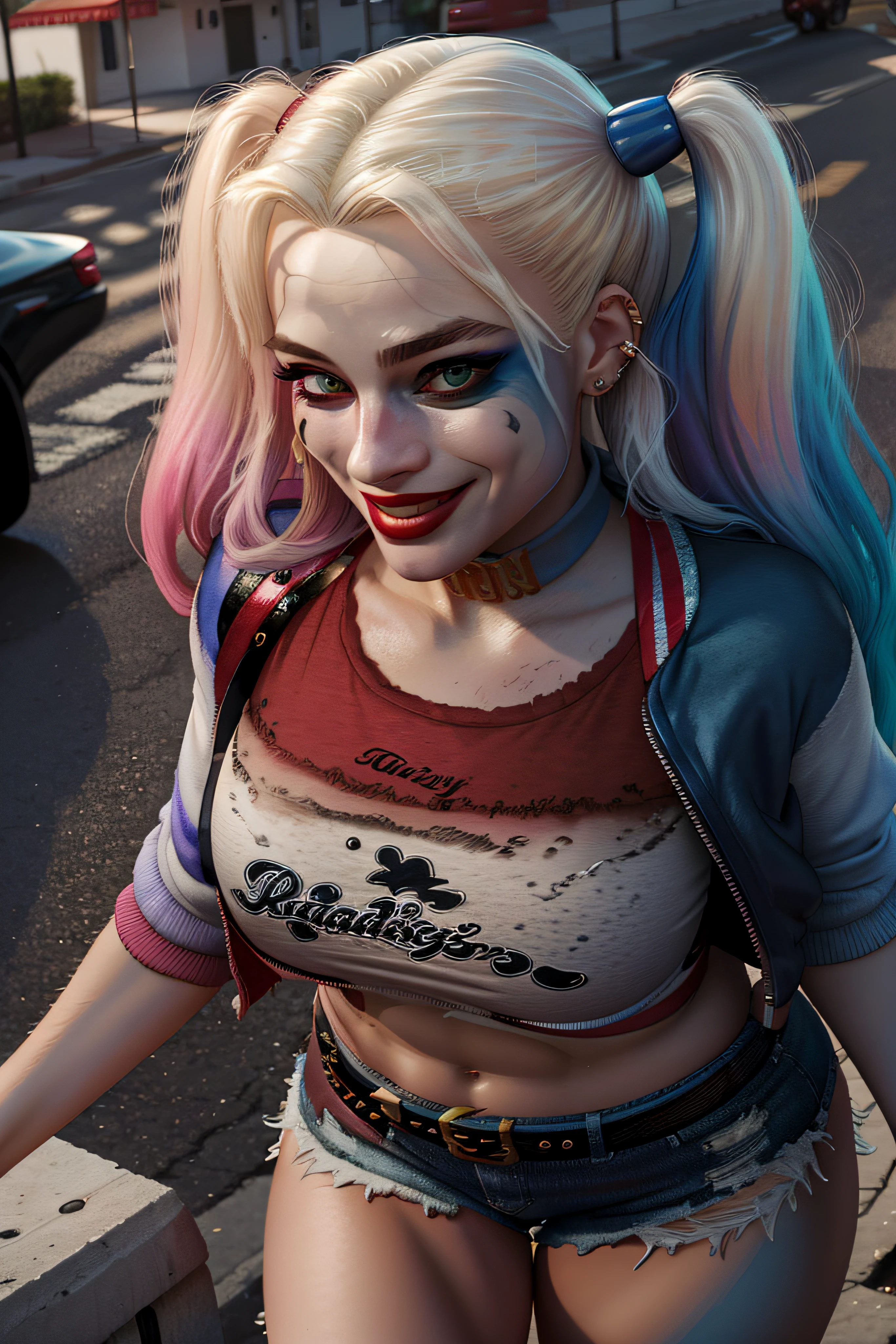 Close up of Harley Quinn in the street, dynamic pose, sexy, flirty, 32k resolution, photo realistic, hyper realistic, hyper detailed, best quality, natural looking, triadic colors, complementary colors, volumetric lighting, epic, cinematic, dramatic, stunning