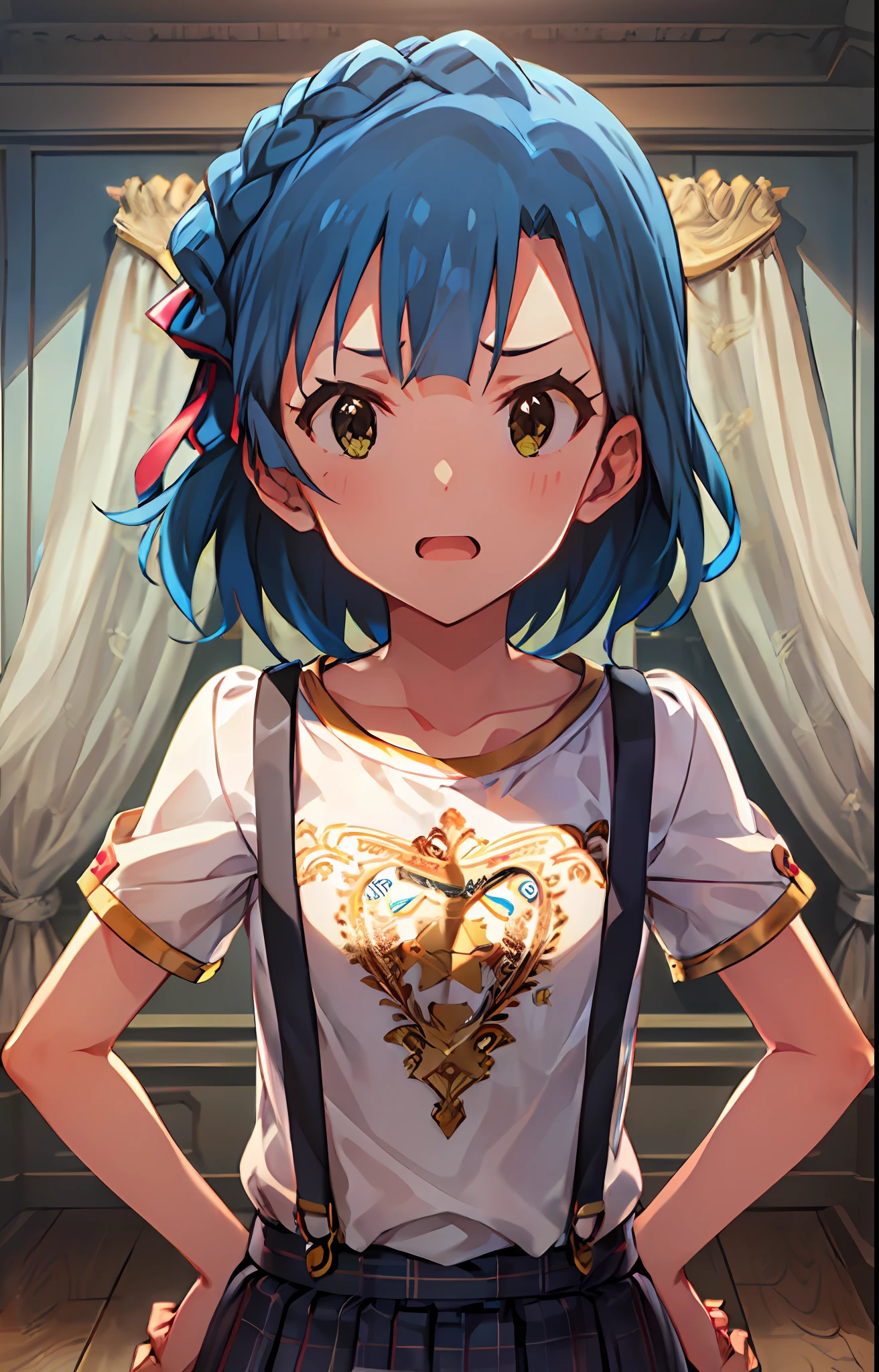 yuriko nanao (million live). Short stature. white t-shirts. suspenders.Skirt.(((masutepiece))).(((Best quality))).)((Ultra-detailed))).(((Illustration))). (((Put your hands on your hips))).(((a room))).make a fist.up chest.Despair face.short-hair.