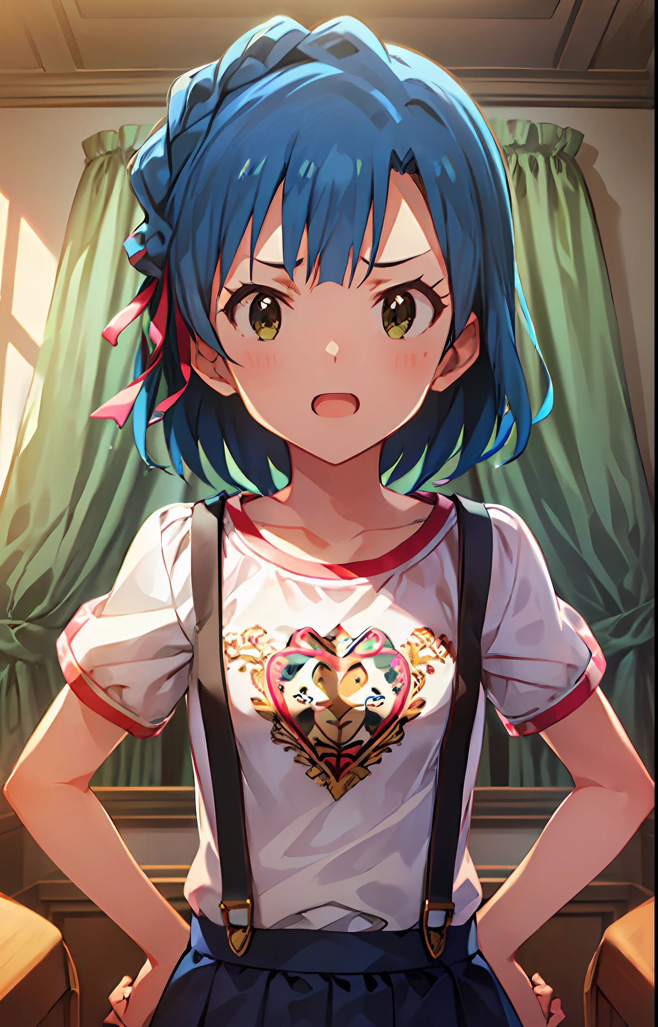 yuriko nanao (million live). Short stature. white t-shirts. suspenders.Skirt.(((masutepiece))).(((Best quality))).)((Ultra-detailed))).(((Illustration))). (((Put your hands on your hips))).(((a room))).make a fist.up chest.Despair face.short-hair.