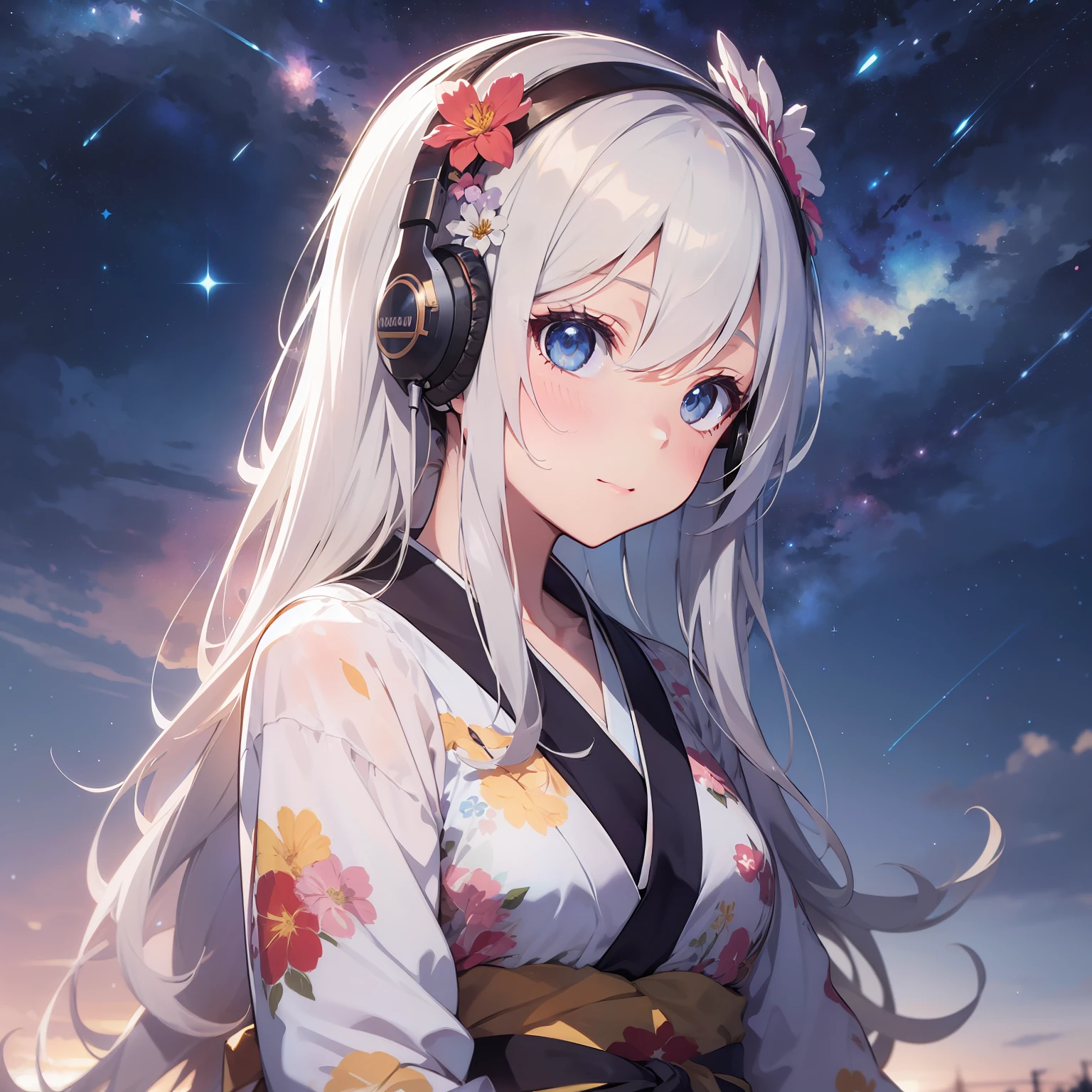 best quality, absurdres, masterpiece, perfect anatomy, very cute girl, solo, floral kimono, white long hair, headphone, flower hair, (starry sky backgroud:1.3)