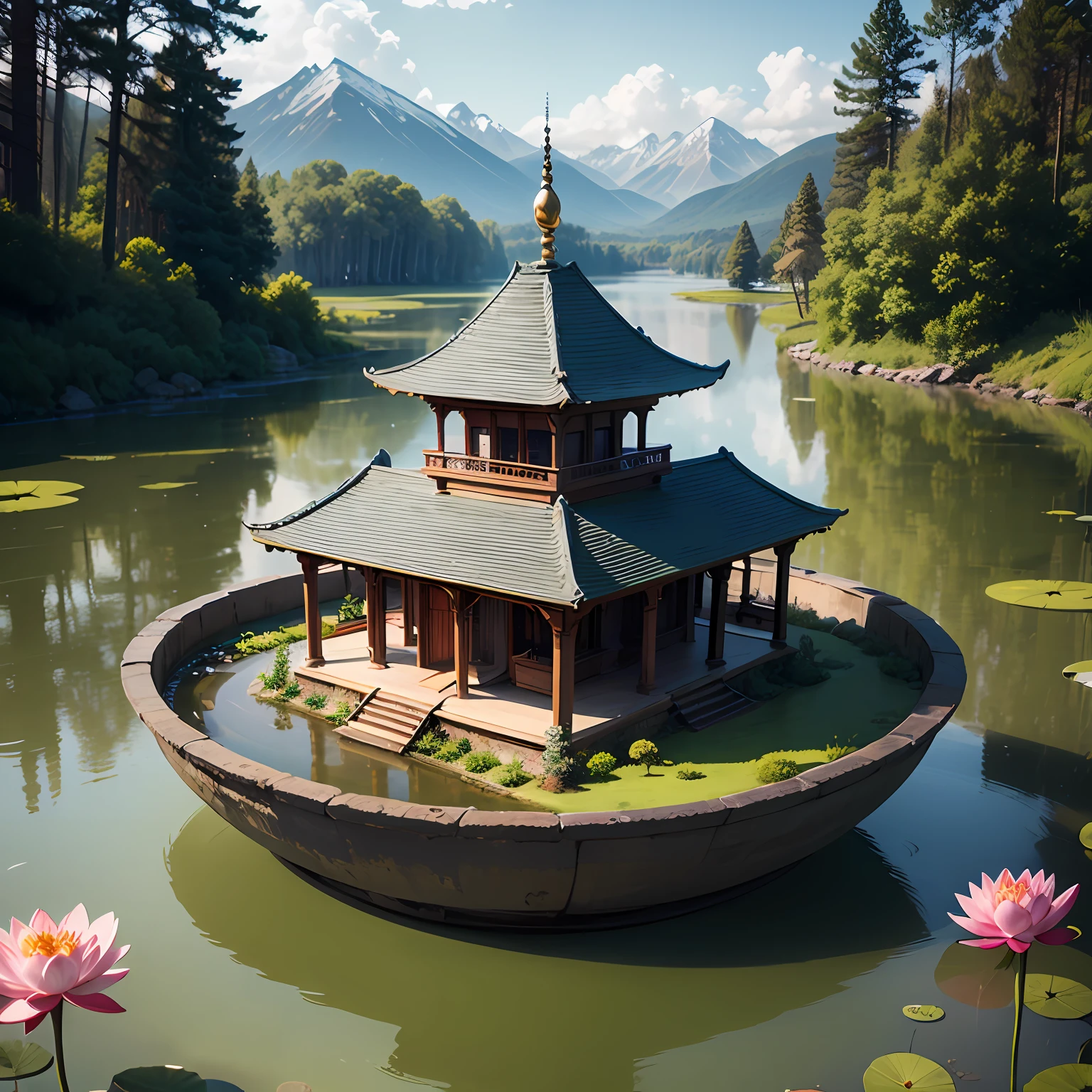 （（（Temple in a bowl，Majestic，））），（Best picture quality），（horryfing，thriller），tmasterpiece，Pond in a bowl，Lotus flowers in a bowl，Mountain in a bowl，film effect，There are dolls，（There are characters）