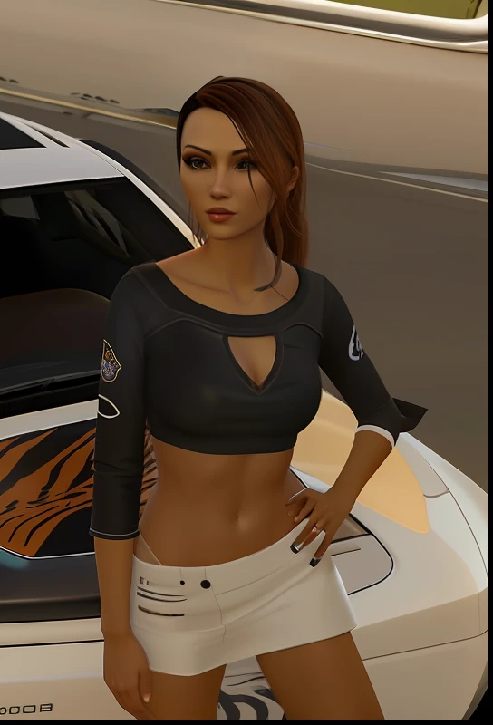 there is a woman standing next to a car with a tiger on it, upper body avatar, second life avatar, close up half body shot, upper body close up, upper body face shot, close body shot, upper body shot, full body shot close up, full body close-up shot, half body shot, secondlife, tinyest midriff ever