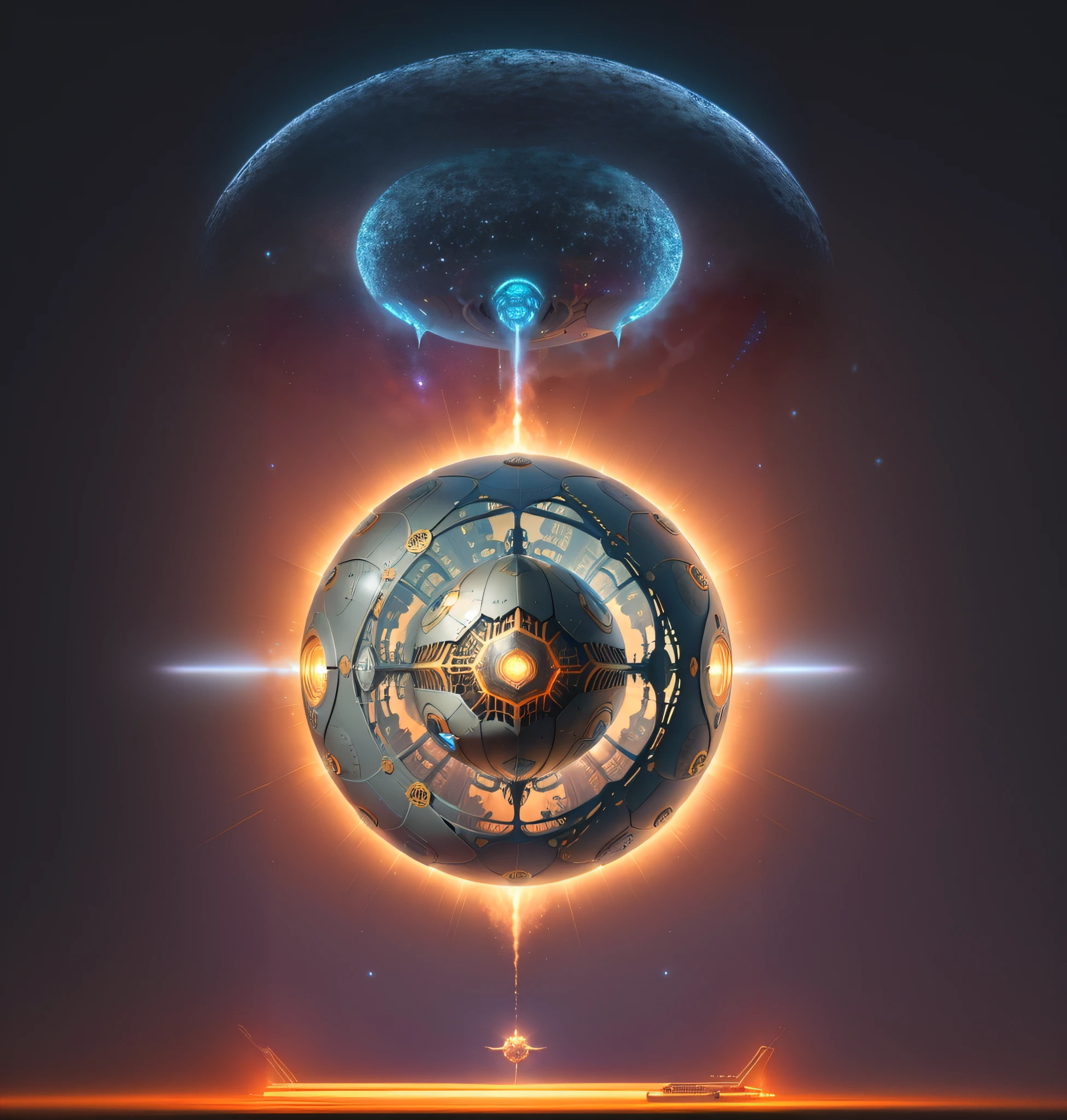 spaceship flying over a futuristic space station with a glowing orb, Foto de uma esfera de Dyson, Programa Dyson Sphere, esfera de dyson, style hybrid mix of beeple, glowing magma sphere, 3 d render bipe, Sci-Fi Magic altamente detalhado, dyson sphere in space, esfera brilhante, andrei riabovitchev symmetrical, em estilo de bipe