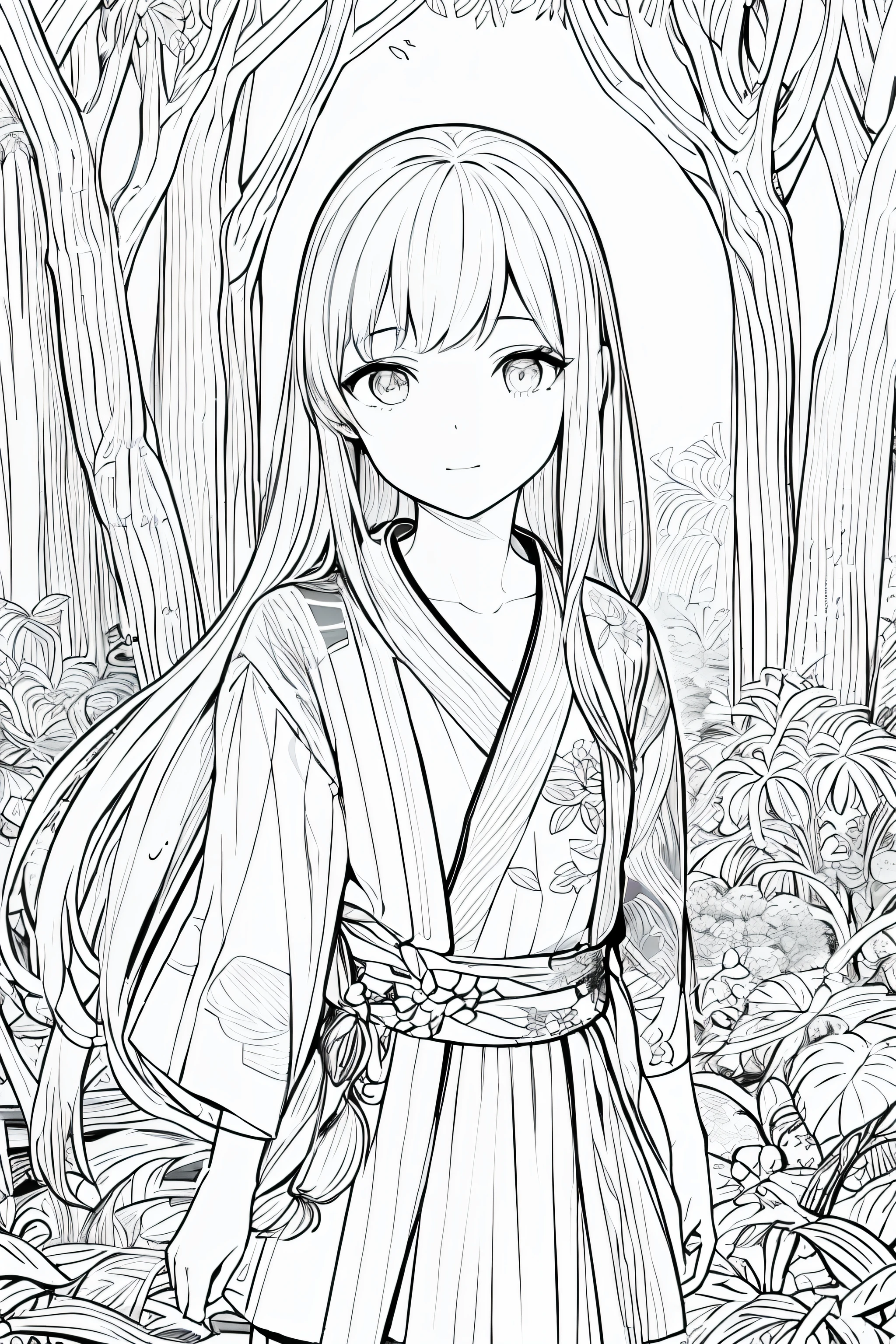 obra maestra, mejor calidad, 1girl, solo, ropa japonesa, en un bosque cabello en forma de lazo, fondo simple, fondo blanco, monocromo, lineart, ((boceto))