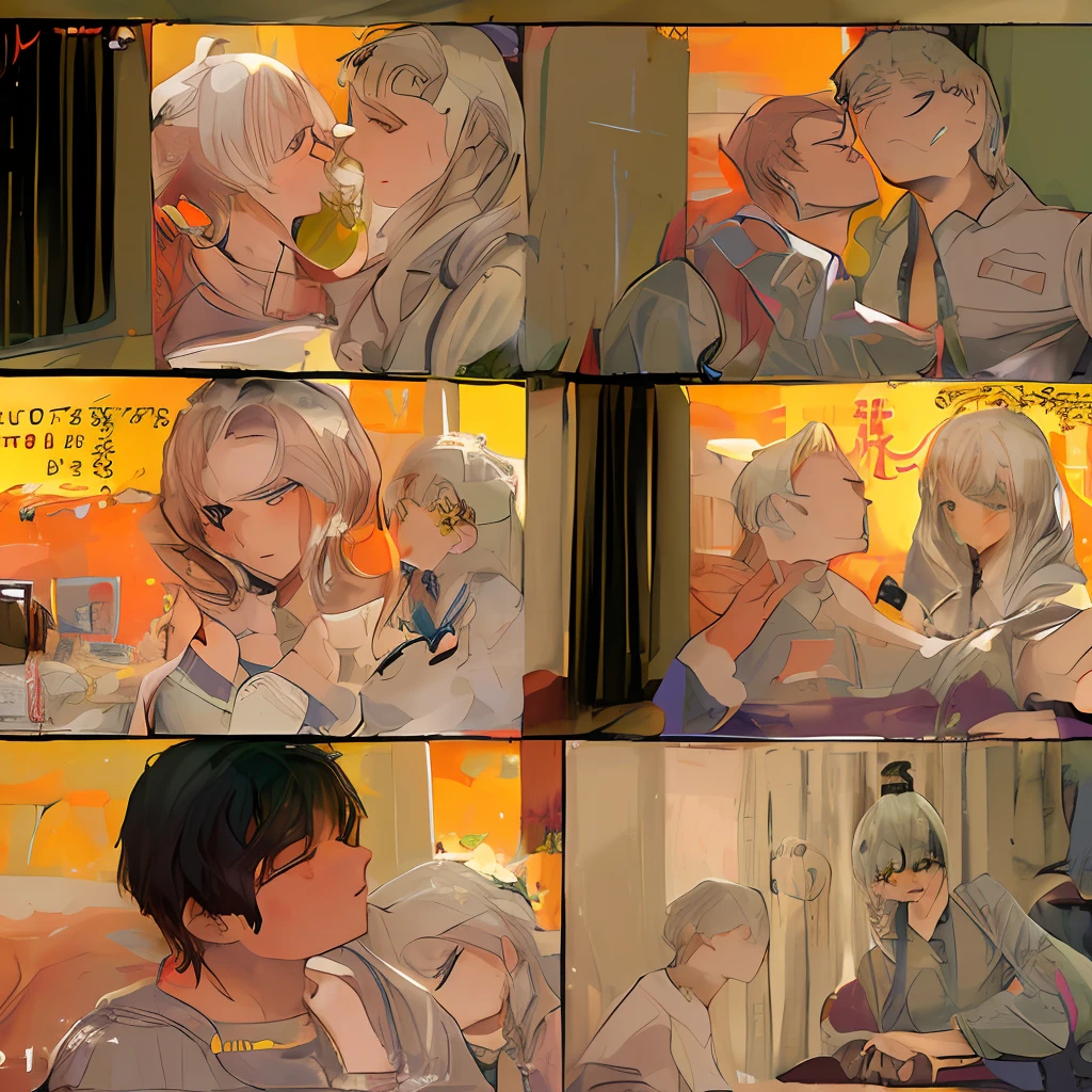 A boy presses against another boy and kisses him,highly detaile,delicated,finely detailled,ultra detali,Side of the character,Decreased age,orange colors,inside room,Original Drawing,comic strip,Original,Ray traching,2 men,Shota,Engage in base,Sweatshirt,The hand touches the other person's face,Upper body body,white-haire,Dull hair,Blushing，Two-dimensional