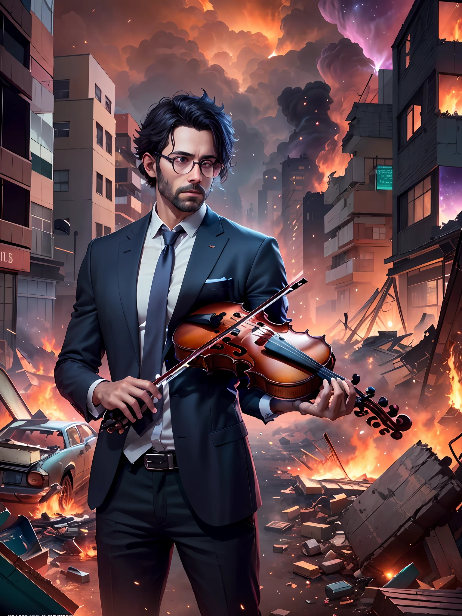 imagine an image of man standing,  (playing violin) calmly, in the street of ruined city, wearing smart suit, huge fires and dense smoke, supernova at sky, night time, scene is full of some destroyed cars, scattered glasses and broken pieces, perplexed and scary environment, violet colour overwhelmed, at the movement of surprise and breathtaking, hyper realistic, detailed hands and violin, ultra detailed, unreal engine, octane render, UHD, 8k resolution, masterpiece, front view, detailed face and fingers, man playing violin in ruined city, playing violin