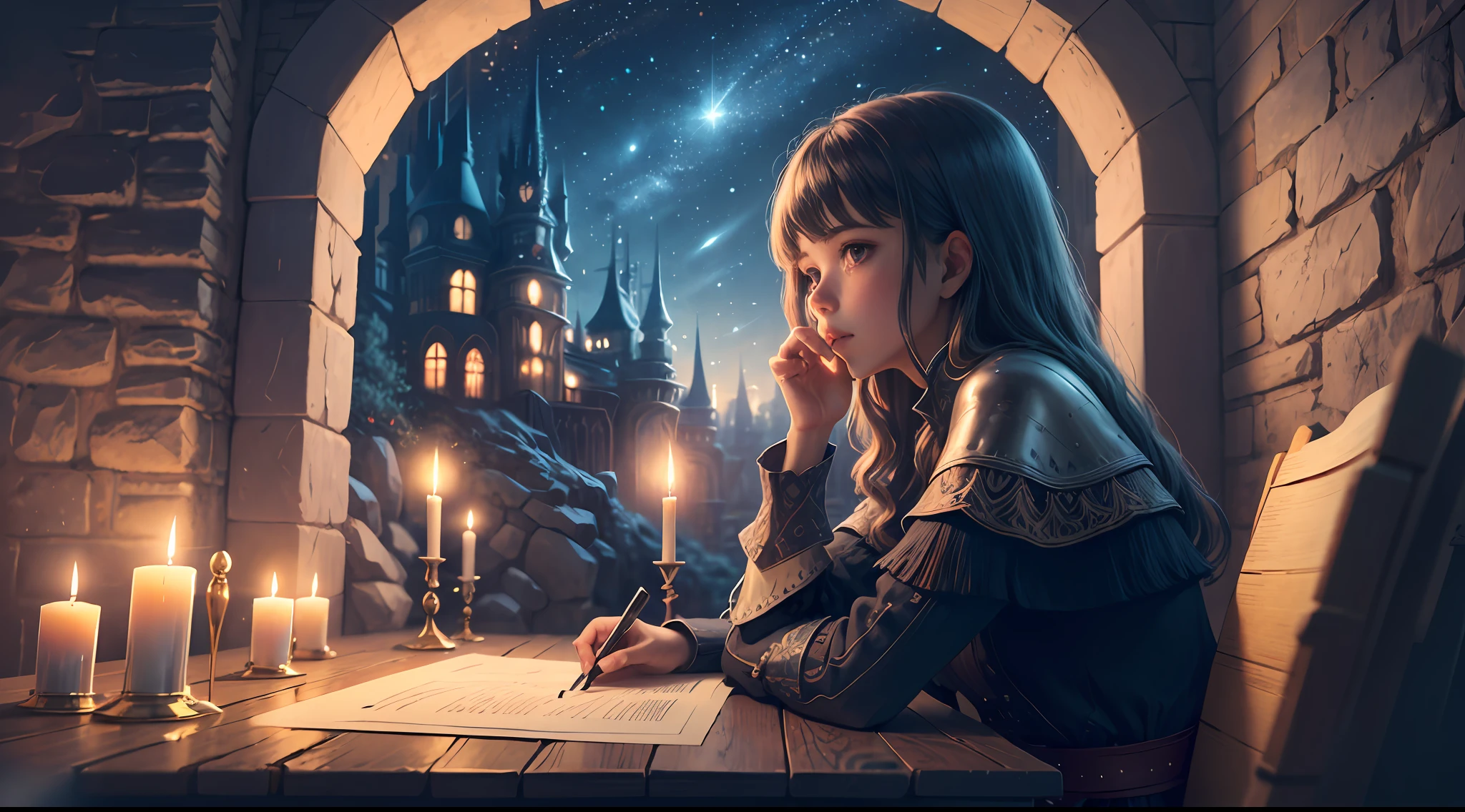 lofistudy, 1girl, from side, writing, candle, candlelight, hand_on_own_chin, hand_rest, book, papers, stone wall, medieval, fantasy, night, window, starry_sky, battlefield, medieval background --auto