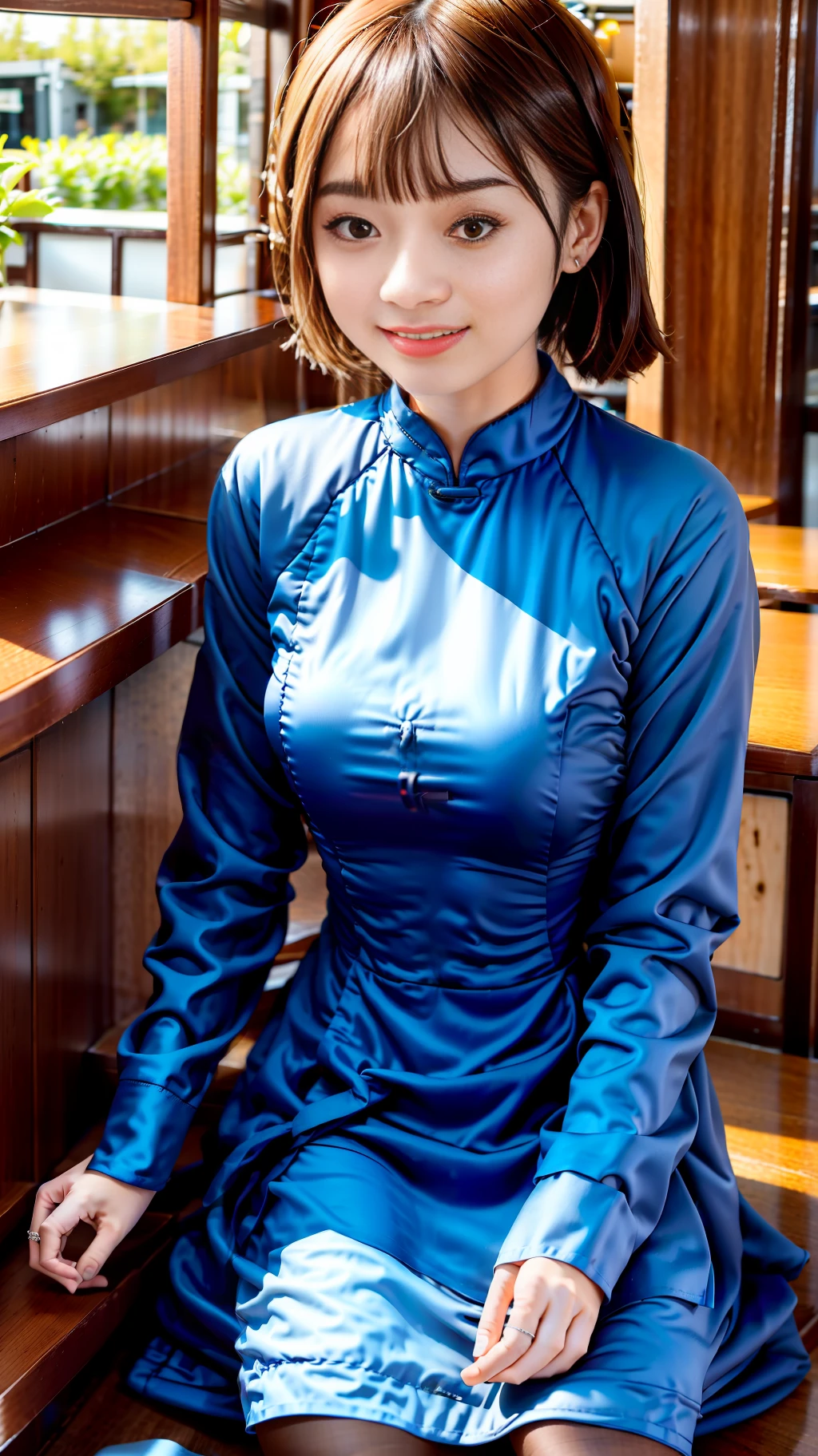A girl wearing Vietnamese Ao Dai is sitting in a cafe.