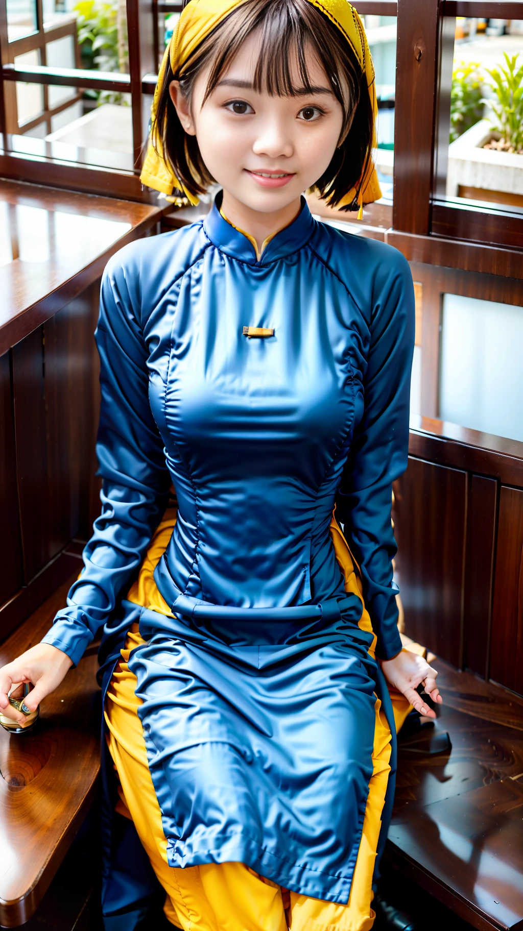 A girl wearing Vietnamese Ao Dai is sitting in a cafe.