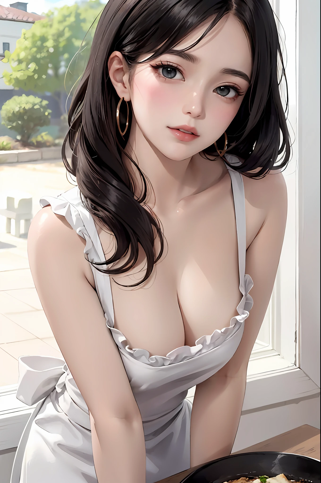 tmasterpiece,best quailty,8K,detailed skin textures,realisticlying,Detailed cloth texture,beautifull detailed face,Complicated details,solo,1 adolescent girl,Boya Hancock,An ultra-detailliert,Detailed hair strands,((Long black hair,No bangs,Serpentine earrings)),Blushlush,(opens his eyes wide:1.3),(eye reflections:1.6),shylily,(smoothy,Skin reflects light),(shiny skins),Nipple shadow,(Slim,Nudie,Damp transparent apron,Ruffle frills),((Large breasts):1.2,Great legs),Close-up of,cuisine,Side view,looking to the camera