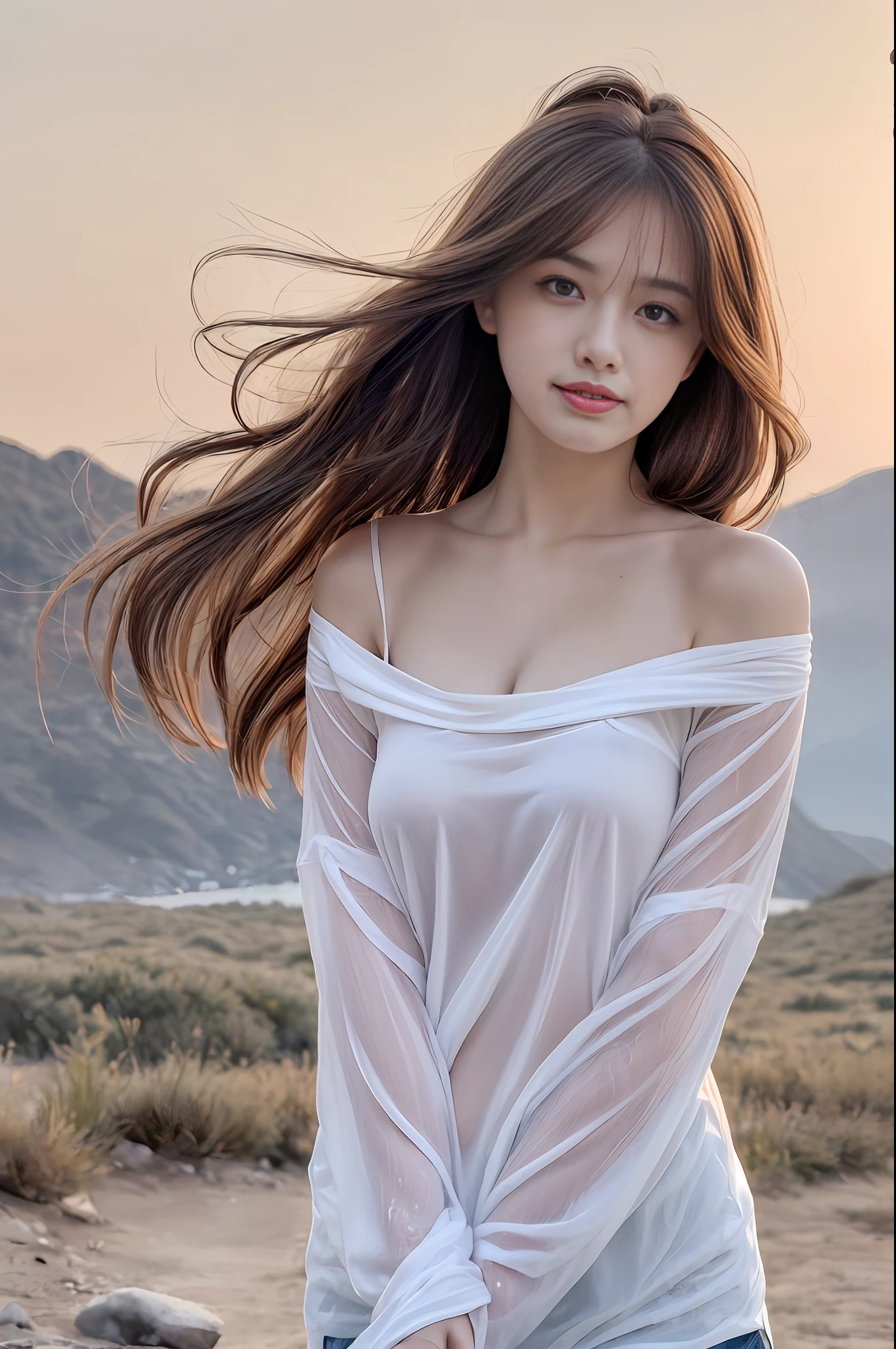 (( Realistic light, Best quality, 8k, Masterpiece :1.3)), 1girl, small mole under eyes, smile, closed eyes, small moles on the breast, Pretty woman with slender figure :1.4, abs :1.1, korean, pale-skined, (floatingwavy silk-brown hair, floating hair by wind, medium_breasts :1), (deep_cleavage), white offshoulder shirt:1.2, long sleeves wet by wind, (sweaty skin on breast:1), standing, night in the mountain, campfire light, Ultra-detailed face, Detailed eyes, Double eyelid, shiny skin, cowboy shot
