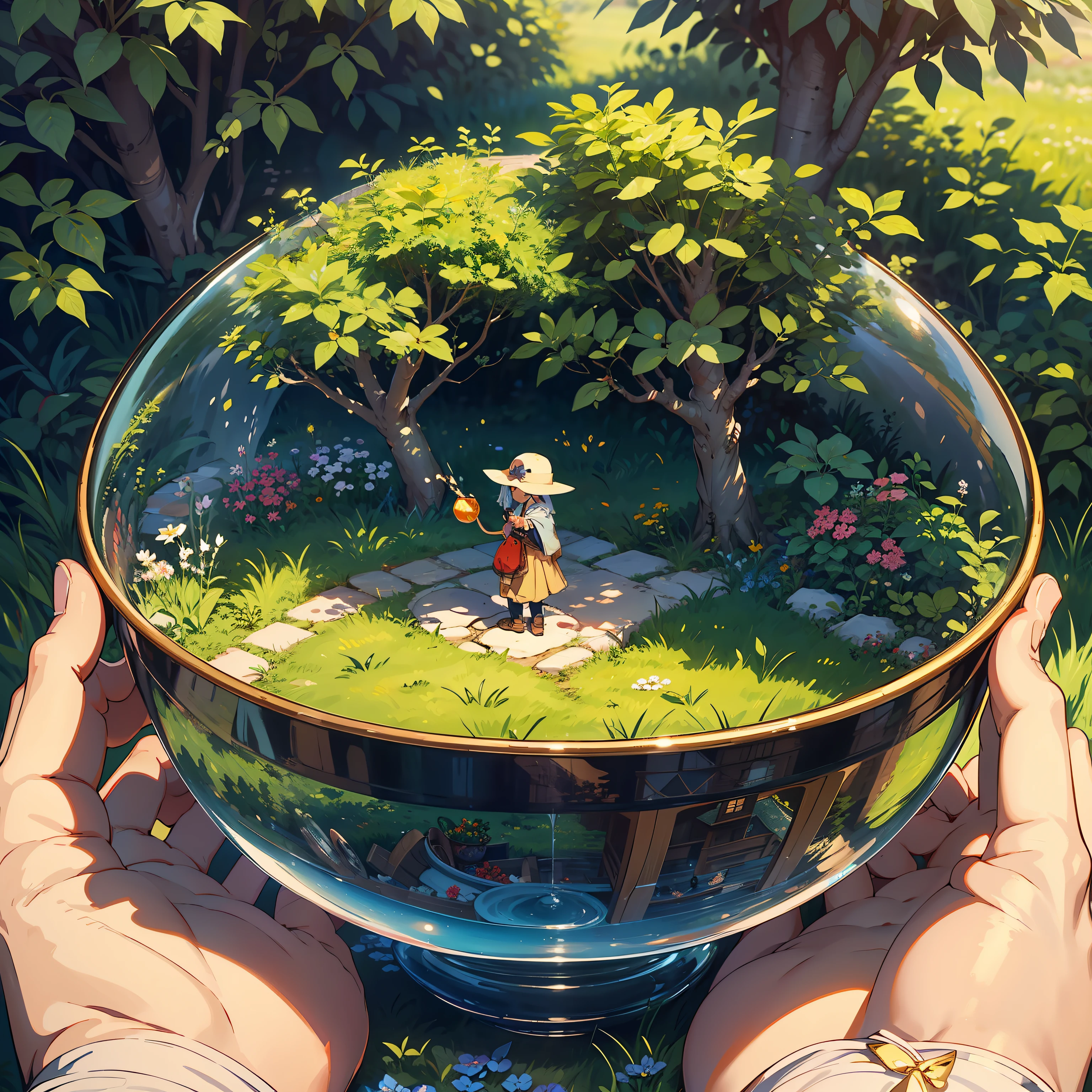 （（The world in the bowl）），（Miniatures），There are trees in the bowl，grass field，The path is in the bowl，（（The child is playing）），tmasterpiece，The ultra -The high-definition，detailed detail，film effect