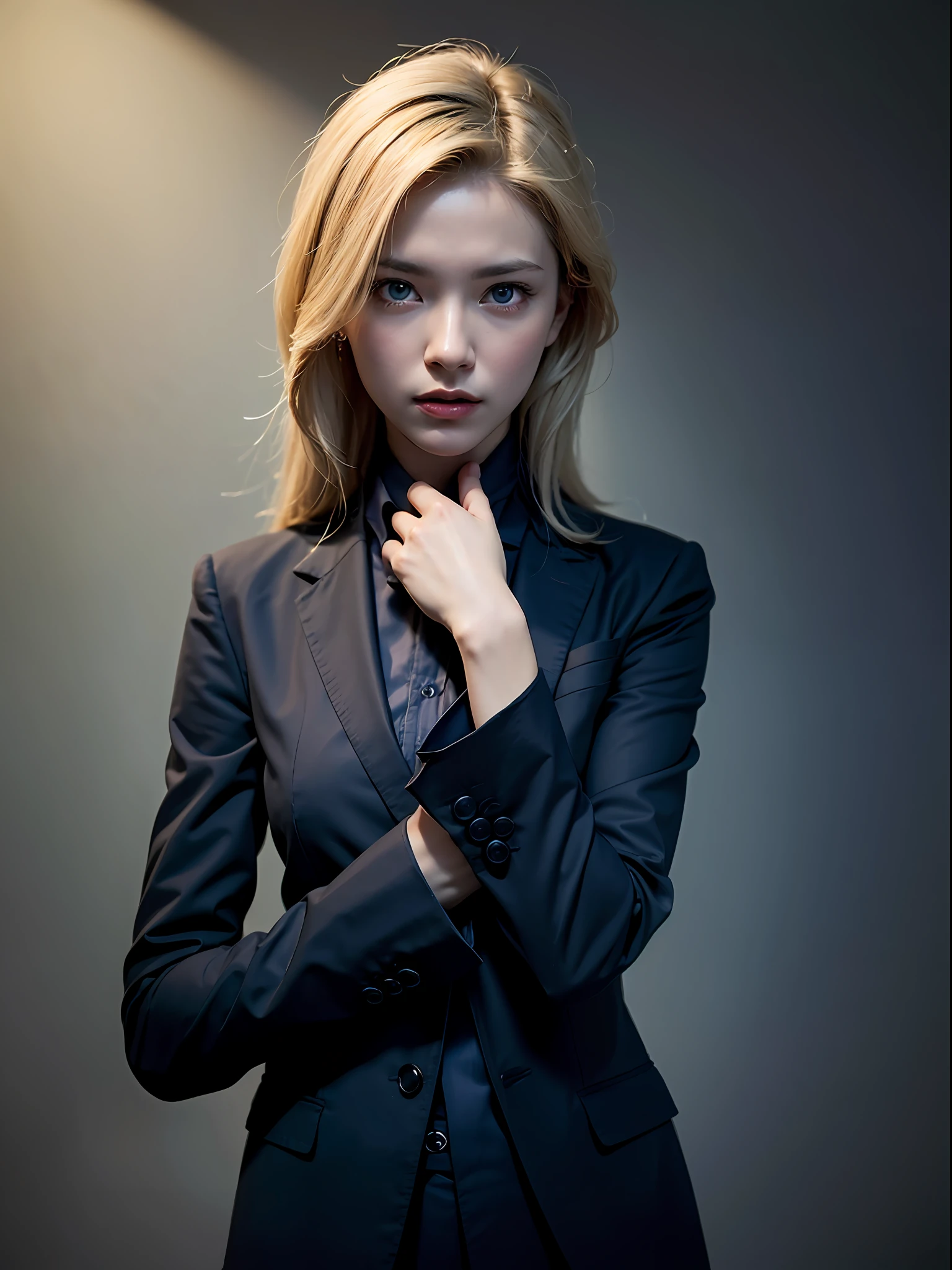 Best quality, masterpiece, ultra high res, (photorealistic:1.4), raw photo, 1girl, blonde hair, blue eyes, detailed eyes and face, black suit, dynamic lighting, in the dark, deep shadow, low key, cowboy shot full-lenght body