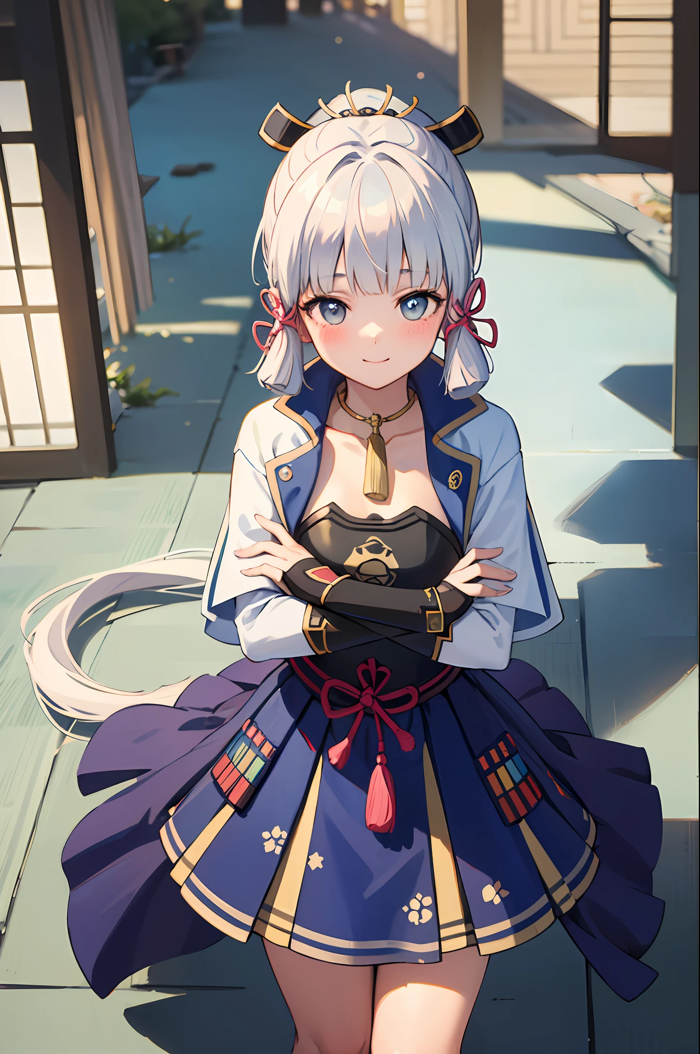 (((masterpiece))), 4k res, highly detailed, (((extremely detailed eyes))), detailed background, cinematic lighting, crystal clear eyes, high quality, highres, ultra-detailed, 8k, best quality, 1girl, solo, shadow, backlighting, light particles, Thick Eyelashes, Wide Sleeve, thick thighs, (masterpiece:1.3), (the best quality:1.2), (super fine illustrations:1.2), (Masterpiece), high quality, high detail,(SOLO:1.4),((round image)), 1girl, kamisato ayaka, smile, blush, closed mouth, thick, medium breasts, traditional japanese house, from above, fingerless gloves, thick thighs, cowboy shot, crossed arms,